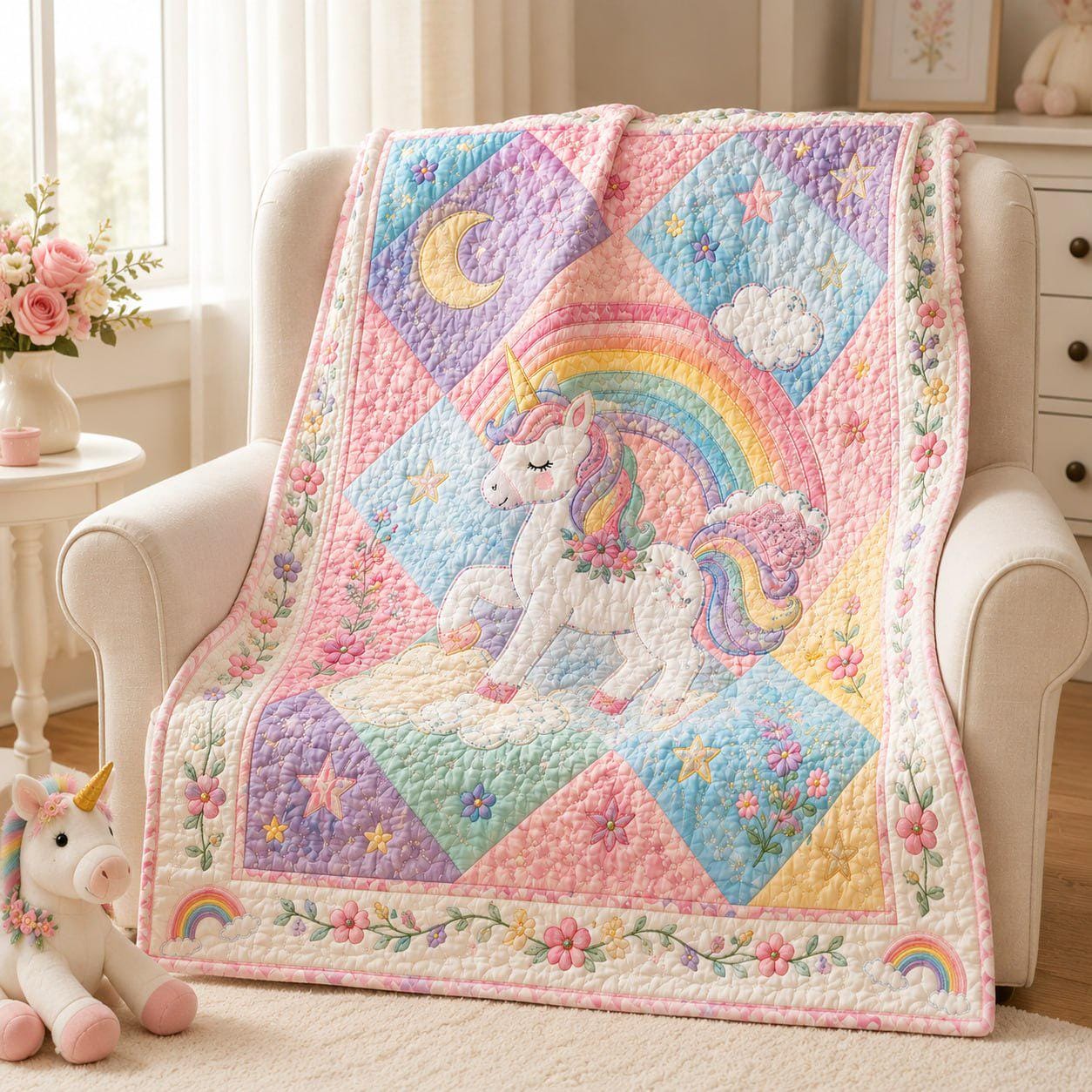 Unicorn Patchwork Style Blanket – Pastel Rainbow Floral Girls Bedding with Magical Nursery Bedspread and Birthday Gift for Kid Toddler - photo 3