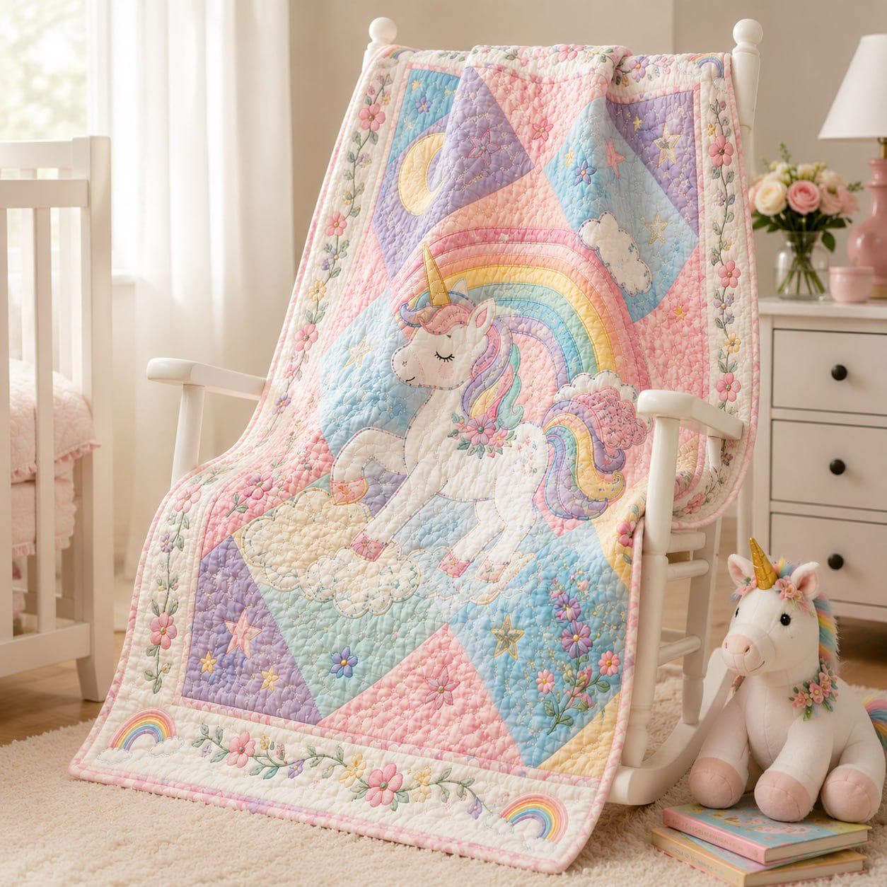 Unicorn Patchwork Style Blanket – Pastel Rainbow Floral Girls Bedding with Magical Nursery Bedspread and Birthday Gift for Kid Toddler - photo 5