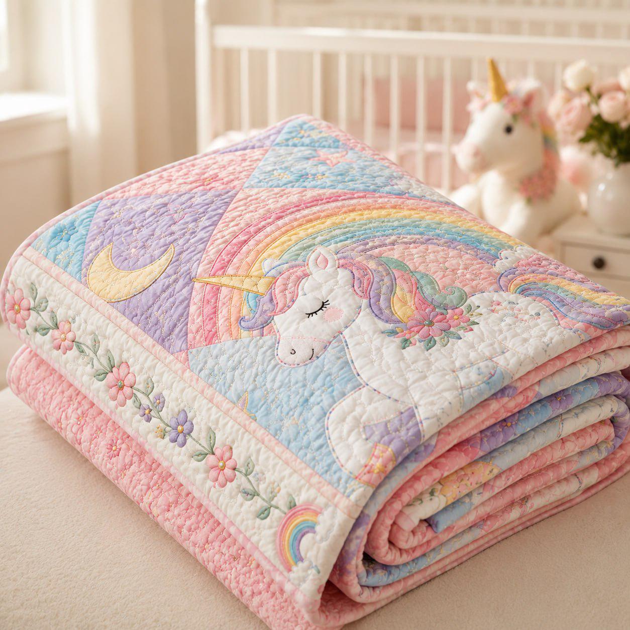 Unicorn Patchwork Style Blanket – Pastel Rainbow Floral Girls Bedding with Magical Nursery Bedspread and Birthday Gift for Kid Toddler - photo 6