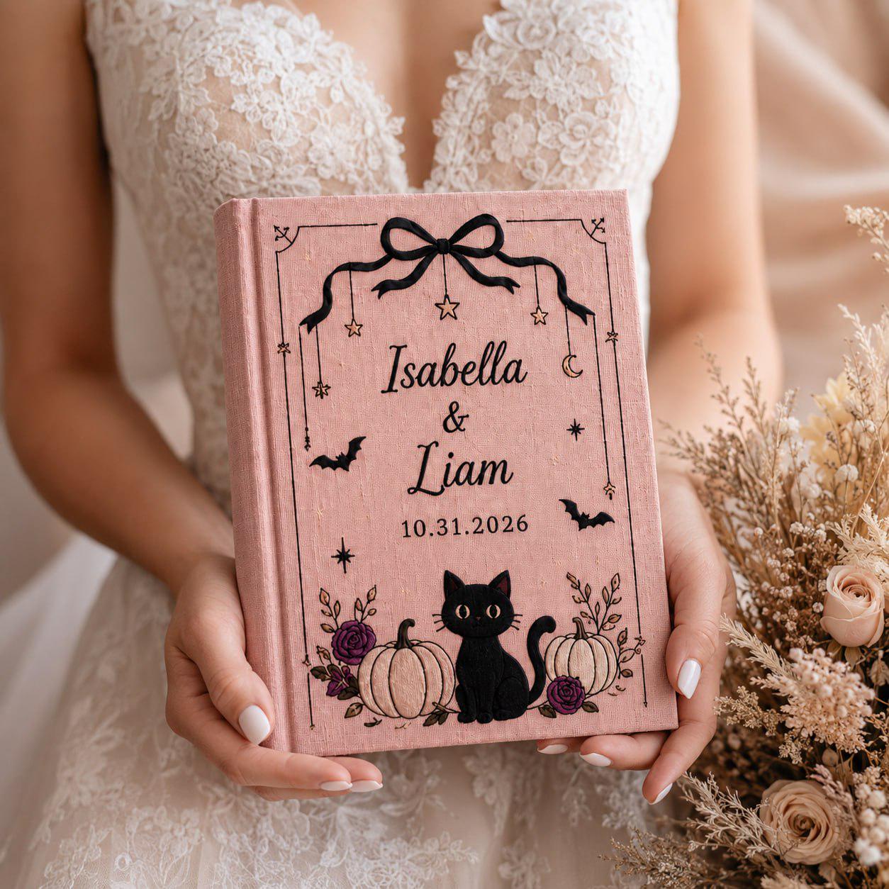 Handmade Embroidered Halloween Wedding Guest Book – Personalized Black Cat Pumpkin Bridal Keepsake with Custom Gothic Wedding Gift for Couples