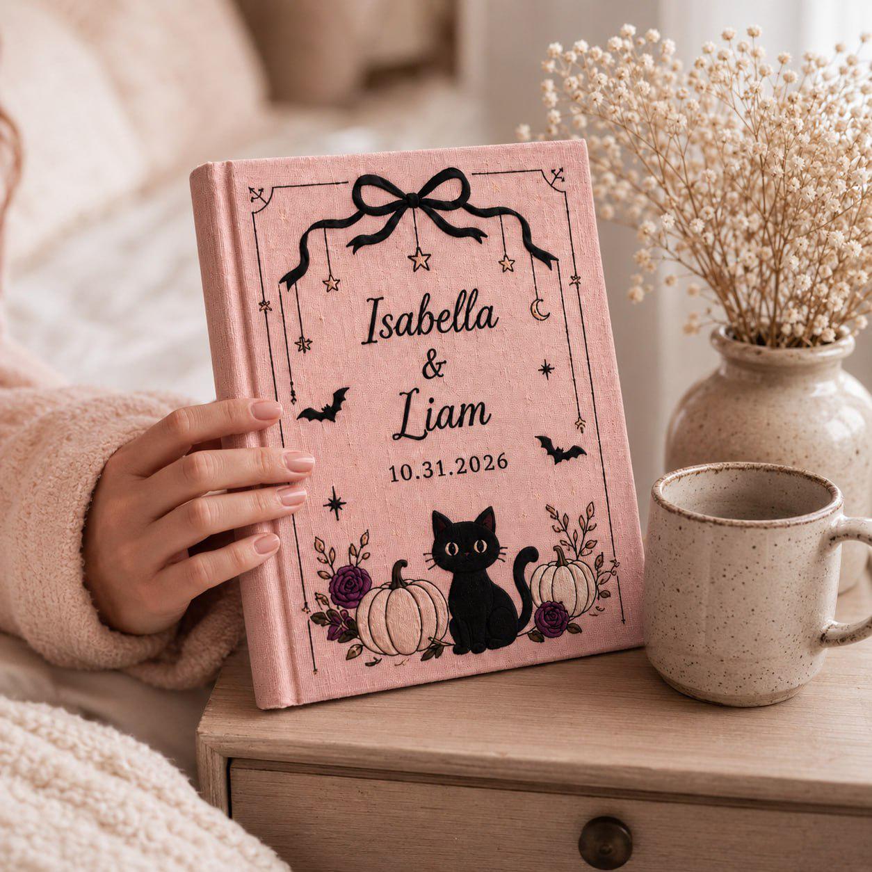 Handmade Embroidered Halloween Wedding Guest Book – Personalized Black Cat Pumpkin Bridal Keepsake with Custom Gothic Wedding Gift for Couples - photo 2