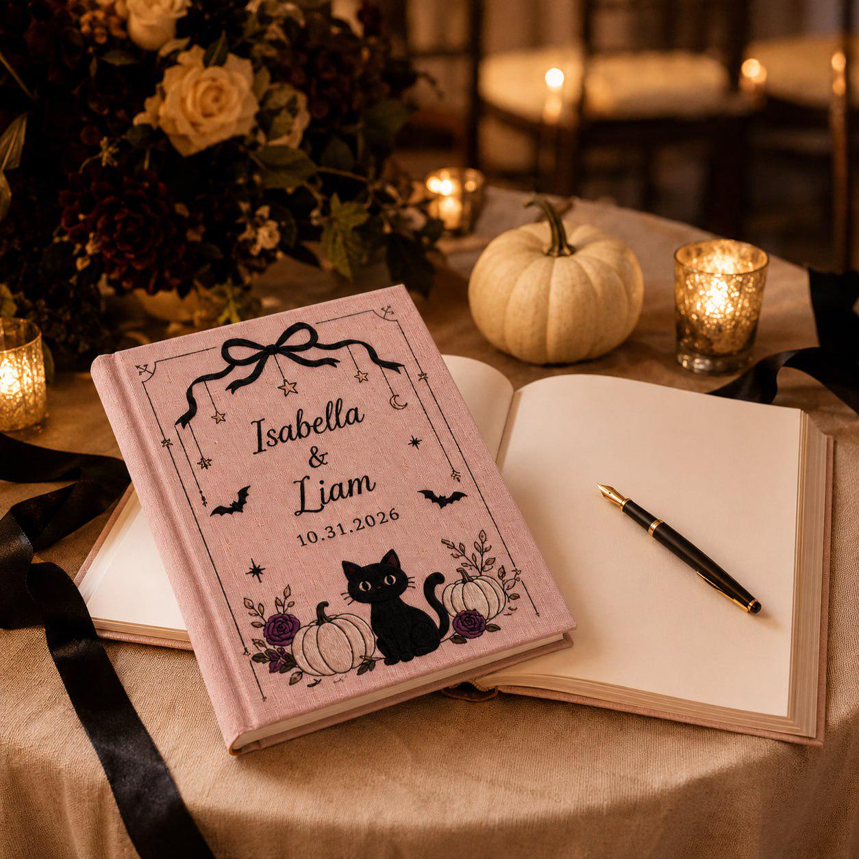 Handmade Embroidered Halloween Wedding Guest Book – Personalized Black Cat Pumpkin Bridal Keepsake with Custom Gothic Wedding Gift for Couples - photo 3