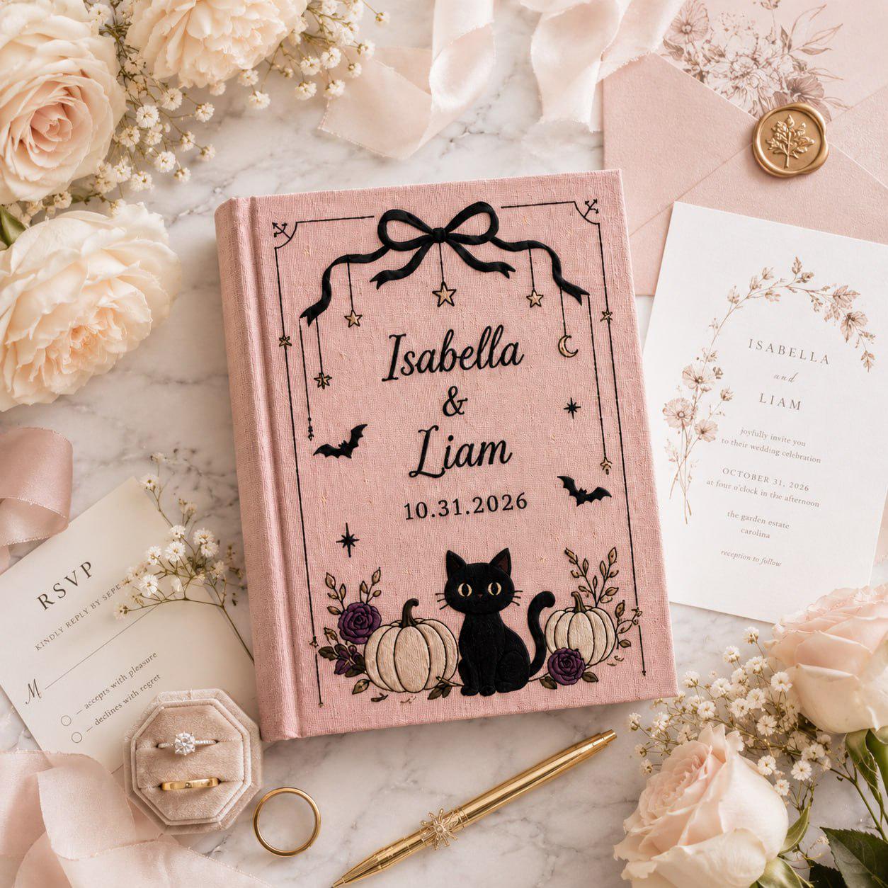 Handmade Embroidered Halloween Wedding Guest Book – Personalized Black Cat Pumpkin Bridal Keepsake with Custom Gothic Wedding Gift for Couples - photo 8