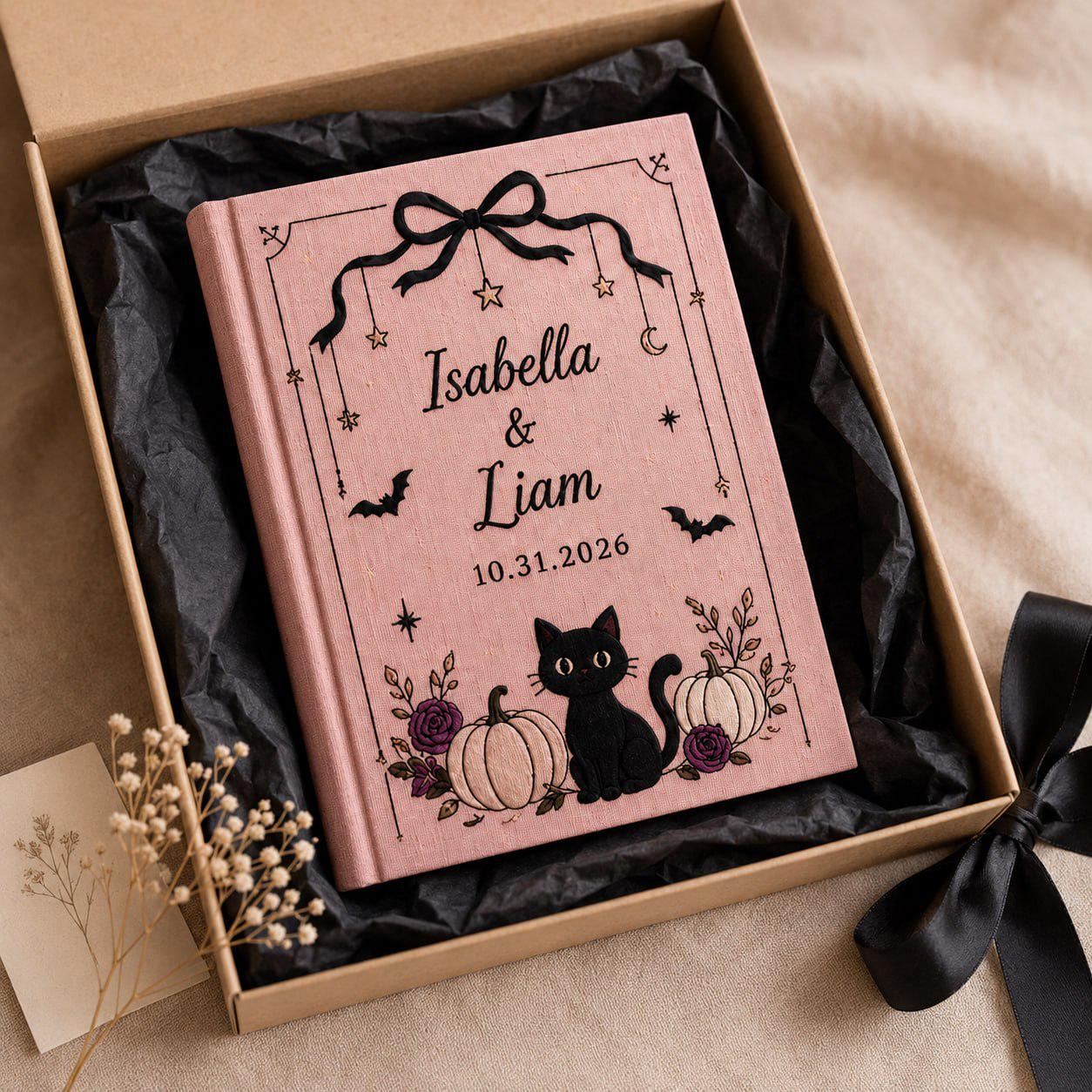 Handmade Embroidered Halloween Wedding Guest Book – Personalized Black Cat Pumpkin Bridal Keepsake with Custom Gothic Wedding Gift for Couples - photo 9