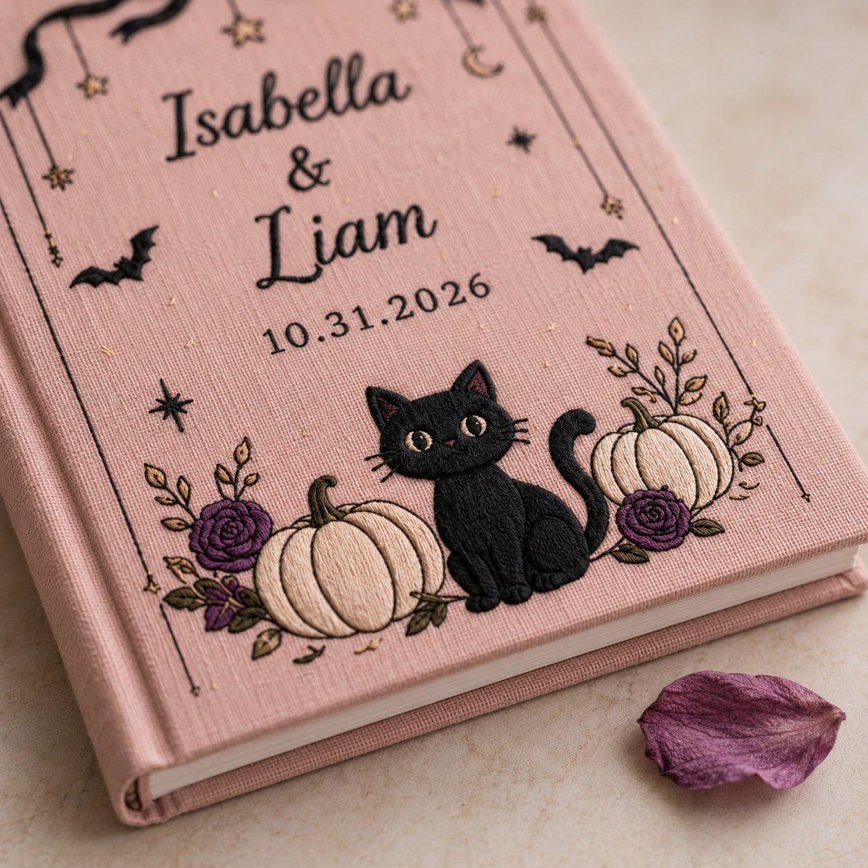 Handmade Embroidered Halloween Wedding Guest Book – Personalized Black Cat Pumpkin Bridal Keepsake with Custom Gothic Wedding Gift for Couples - photo 10