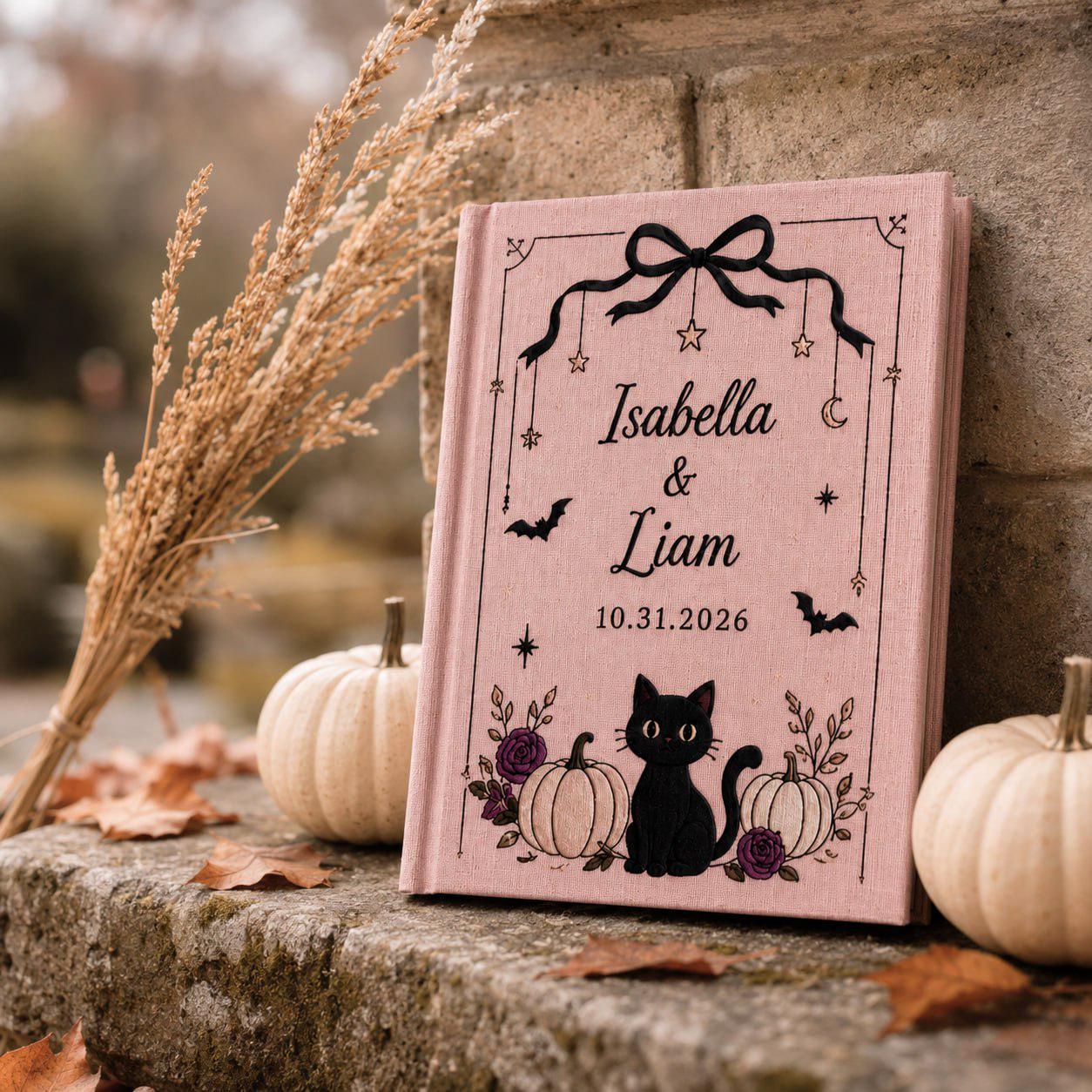 Handmade Embroidered Halloween Wedding Guest Book – Personalized Black Cat Pumpkin Bridal Keepsake with Custom Gothic Wedding Gift for Couples - photo 11