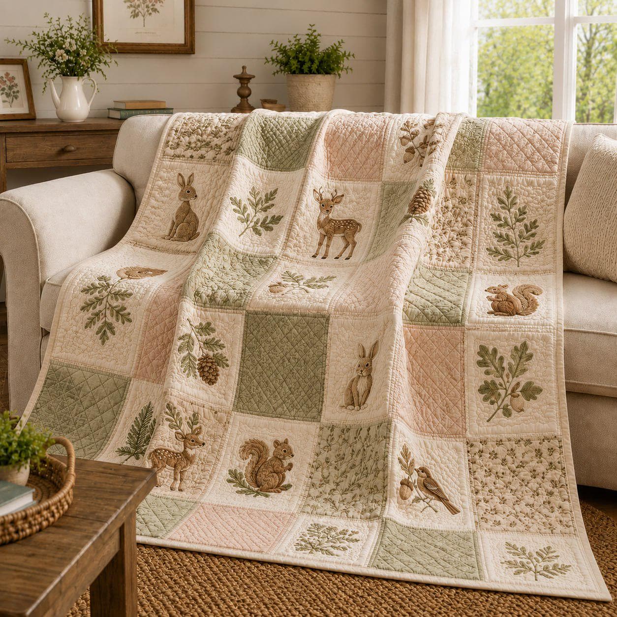 Woodland Animals Patchwork Style Blanket – Vintage Forest Nursery Bedding with Bunny Deer Squirrel Cottagecore Throw and Farmhouse Gift