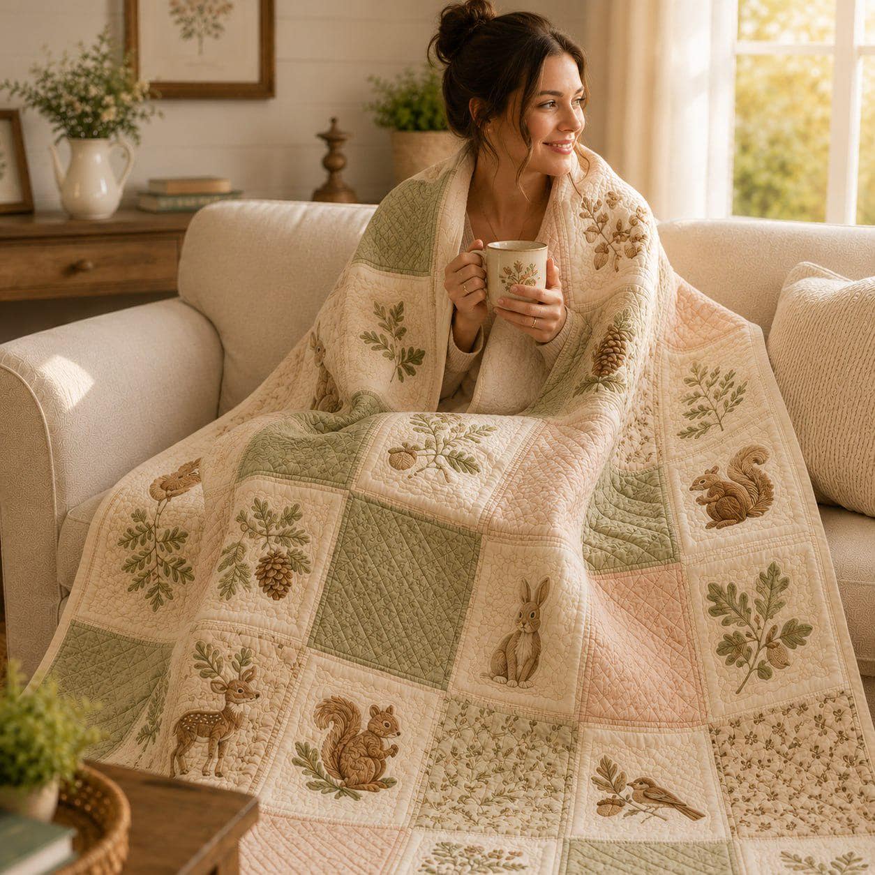 Woodland Animals Patchwork Style Blanket – Vintage Forest Nursery Bedding with Bunny Deer Squirrel Cottagecore Throw and Farmhouse Gift - photo 2