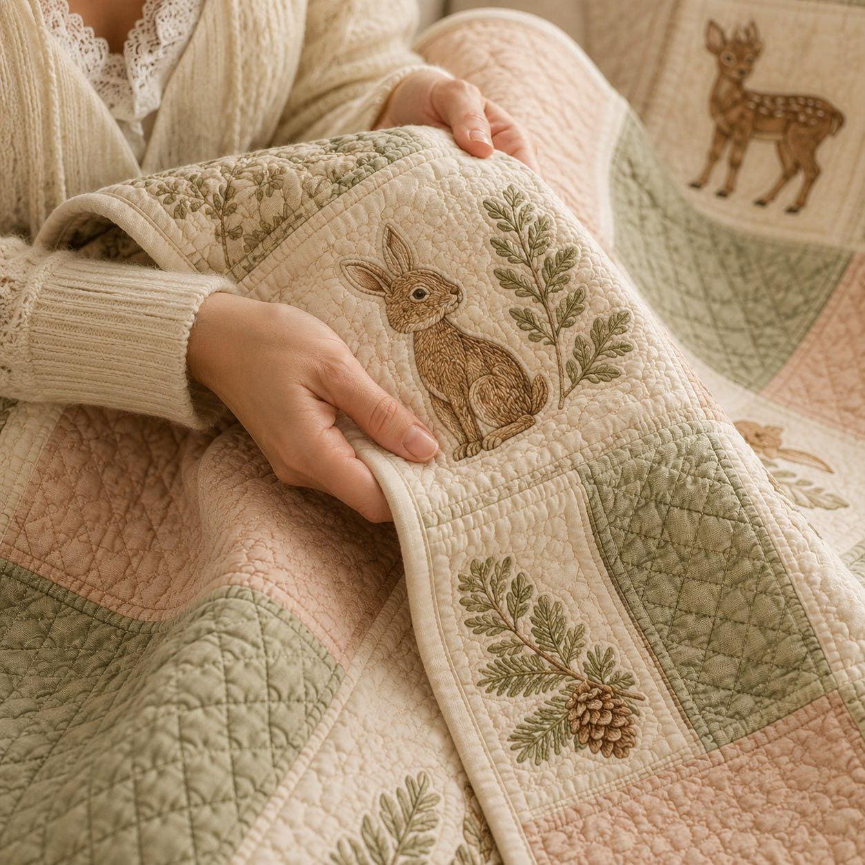 Woodland Animals Patchwork Style Blanket – Vintage Forest Nursery Bedding with Bunny Deer Squirrel Cottagecore Throw and Farmhouse Gift - photo 5