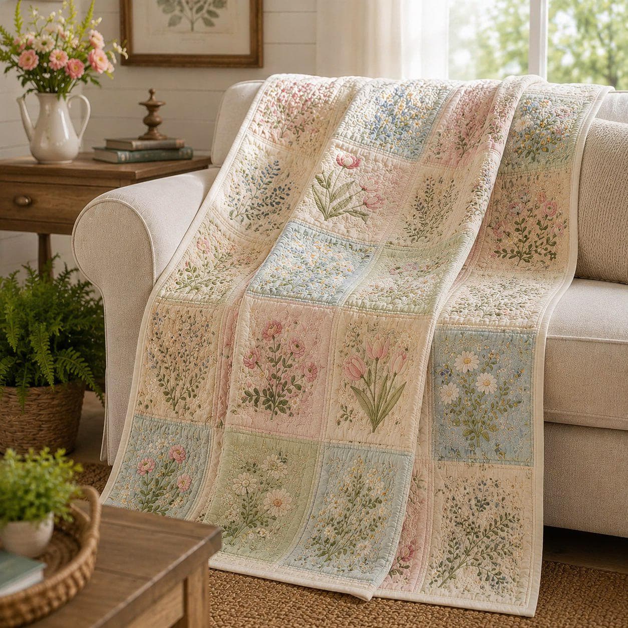 Floral Patchwork Quilt Blanket – Vintage Cottagecore Wildflower Throw with Pastel Botanical Farmhouse Bedding and Cozy Housewarming Gift