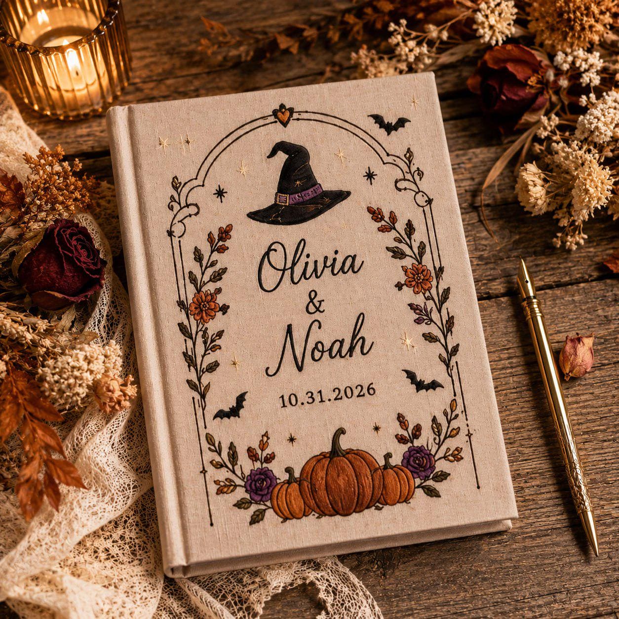 Handmade Embroidered Halloween Wedding Guest Book – Personalized Witch Hat and Pumpkin Bridal Keepsake with Custom Couple Gothic Wedding Gift