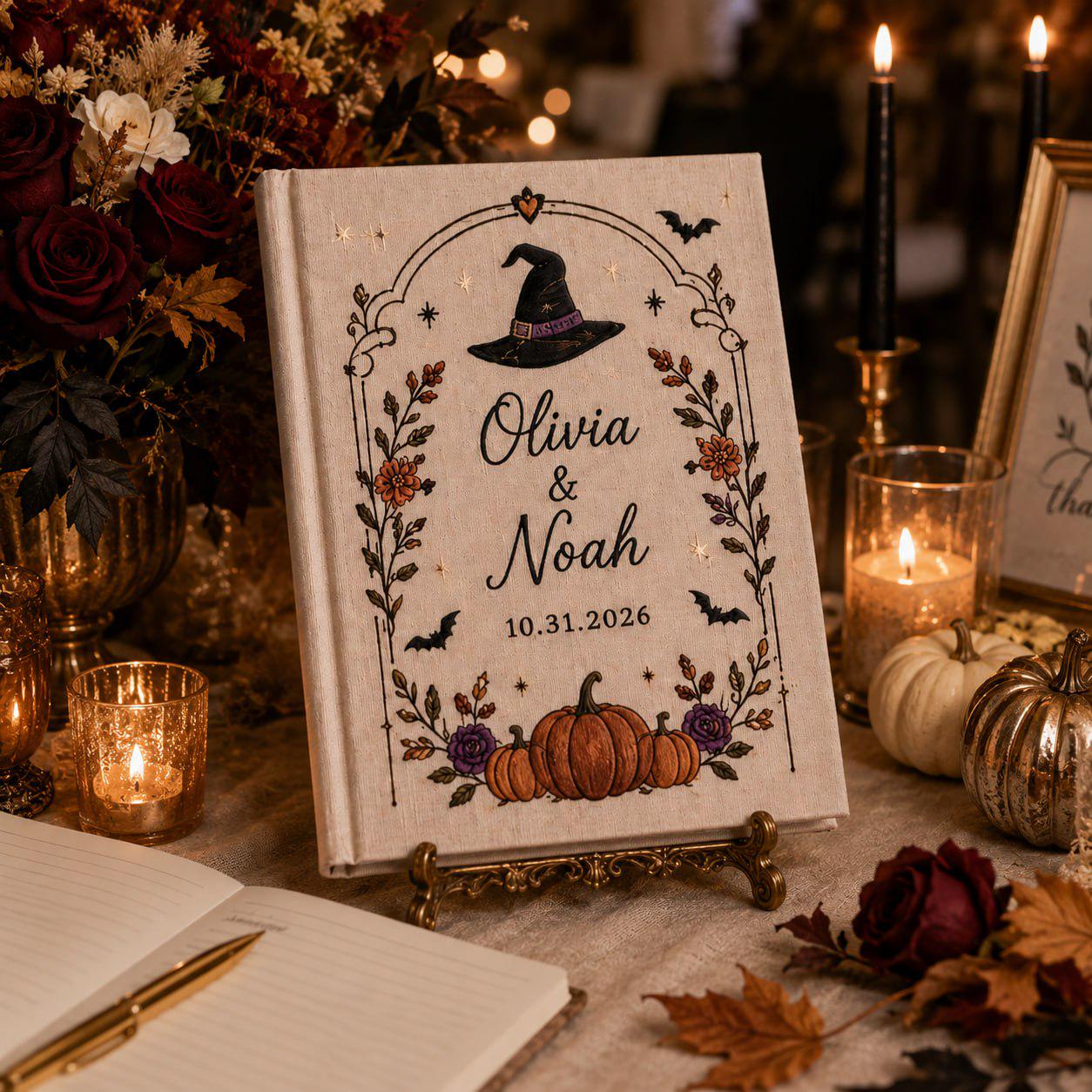 Handmade Embroidered Halloween Wedding Guest Book – Personalized Witch Hat and Pumpkin Bridal Keepsake with Custom Couple Gothic Wedding Gift - photo 2