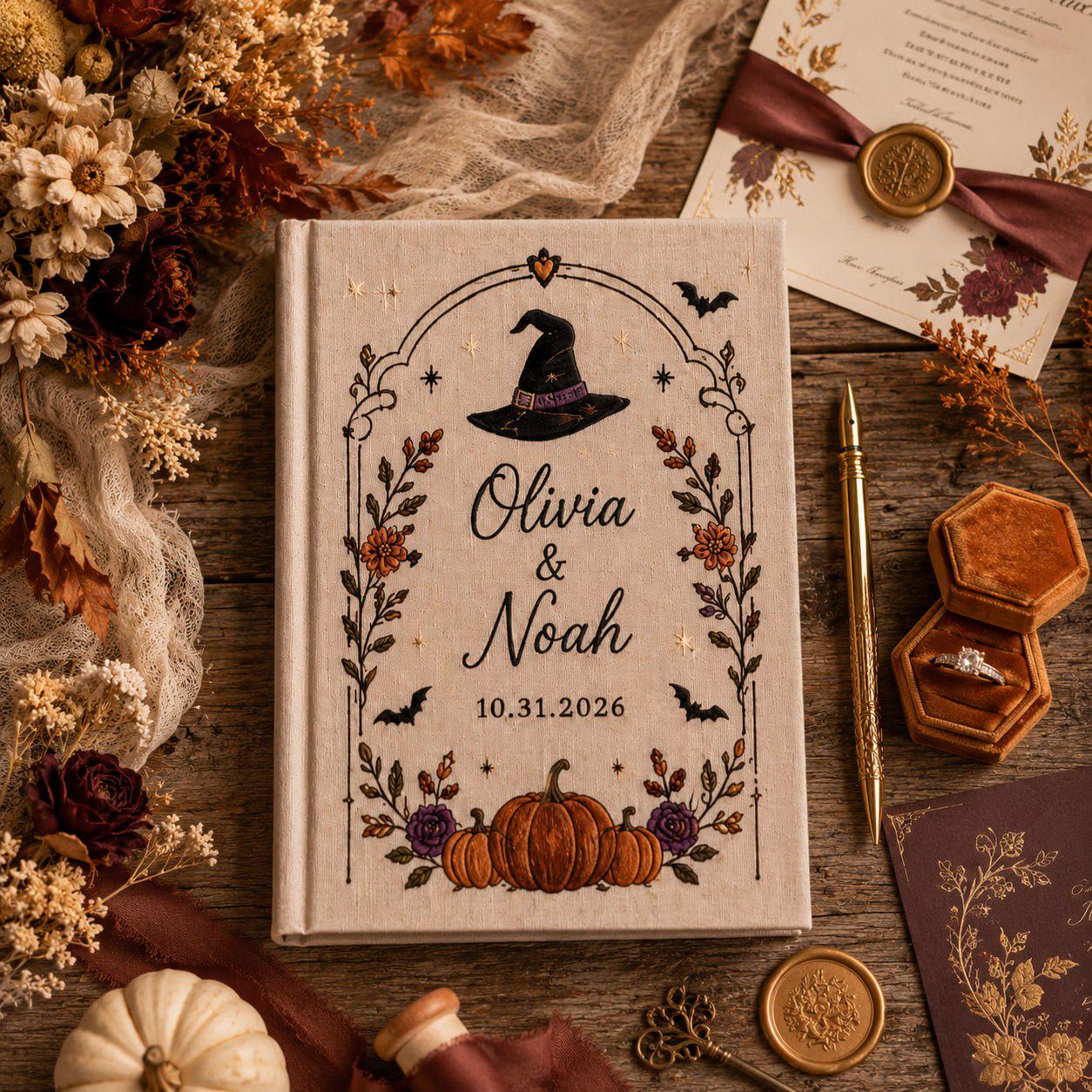 Handmade Embroidered Halloween Wedding Guest Book – Personalized Witch Hat and Pumpkin Bridal Keepsake with Custom Couple Gothic Wedding Gift - photo 8
