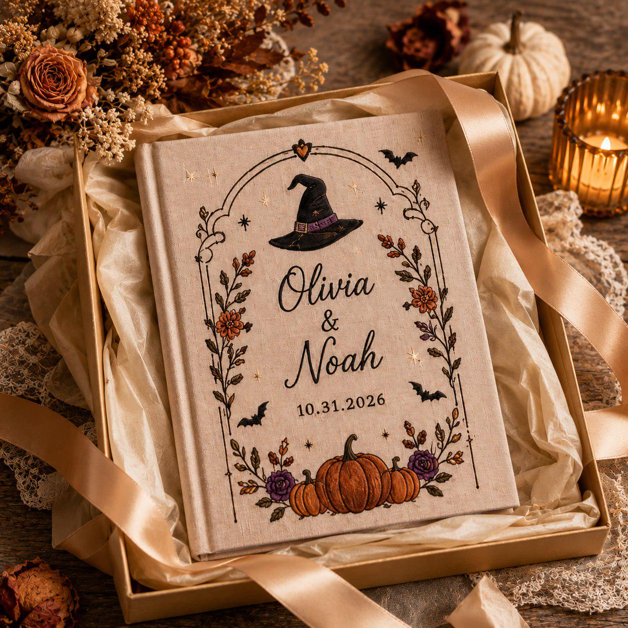Handmade Embroidered Halloween Wedding Guest Book – Personalized Witch Hat and Pumpkin Bridal Keepsake with Custom Couple Gothic Wedding Gift - photo 9