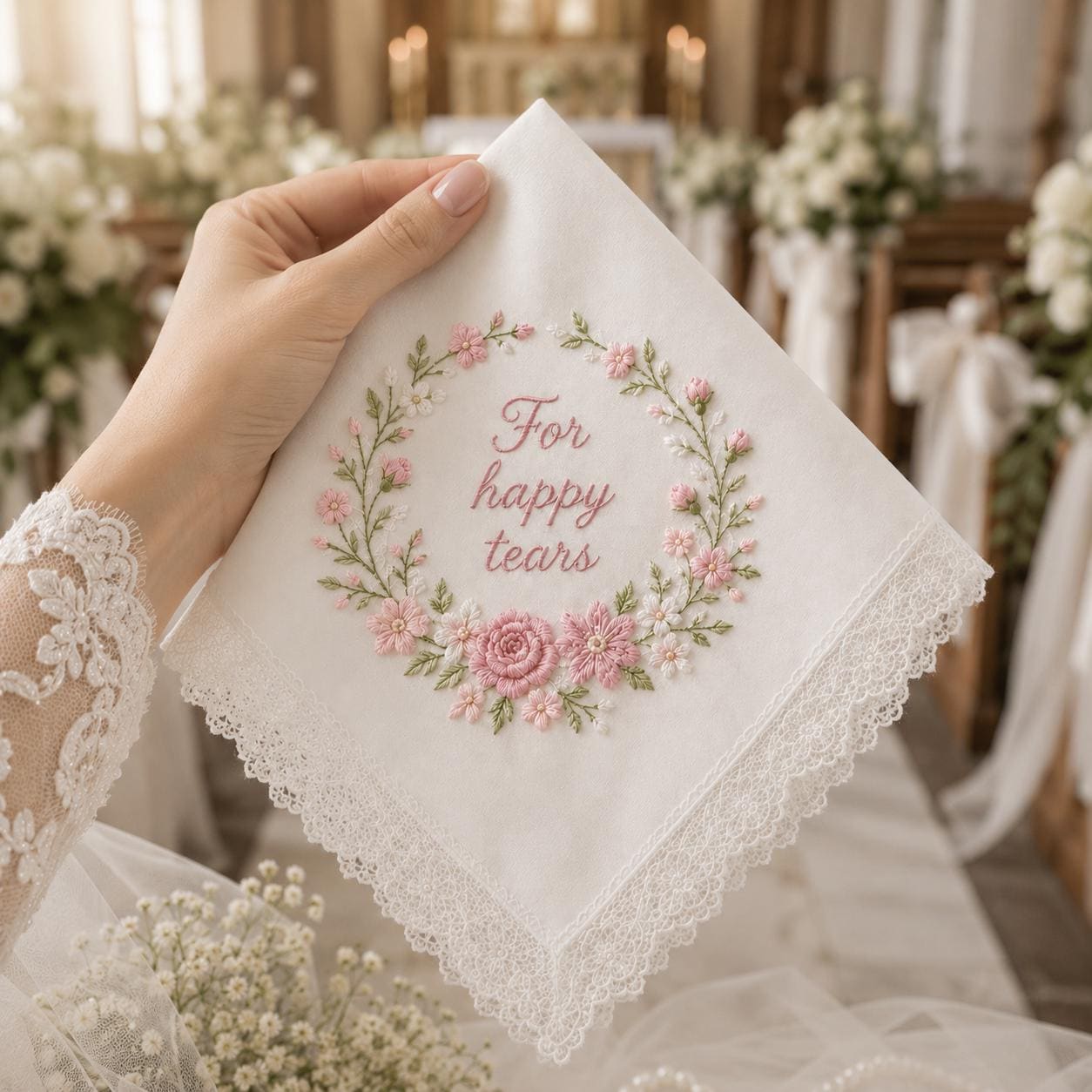 Embroidered Wedding Handkerchief – Personalized Happy Tears Bridal Hankie with Custom Flower Gift for Bride
