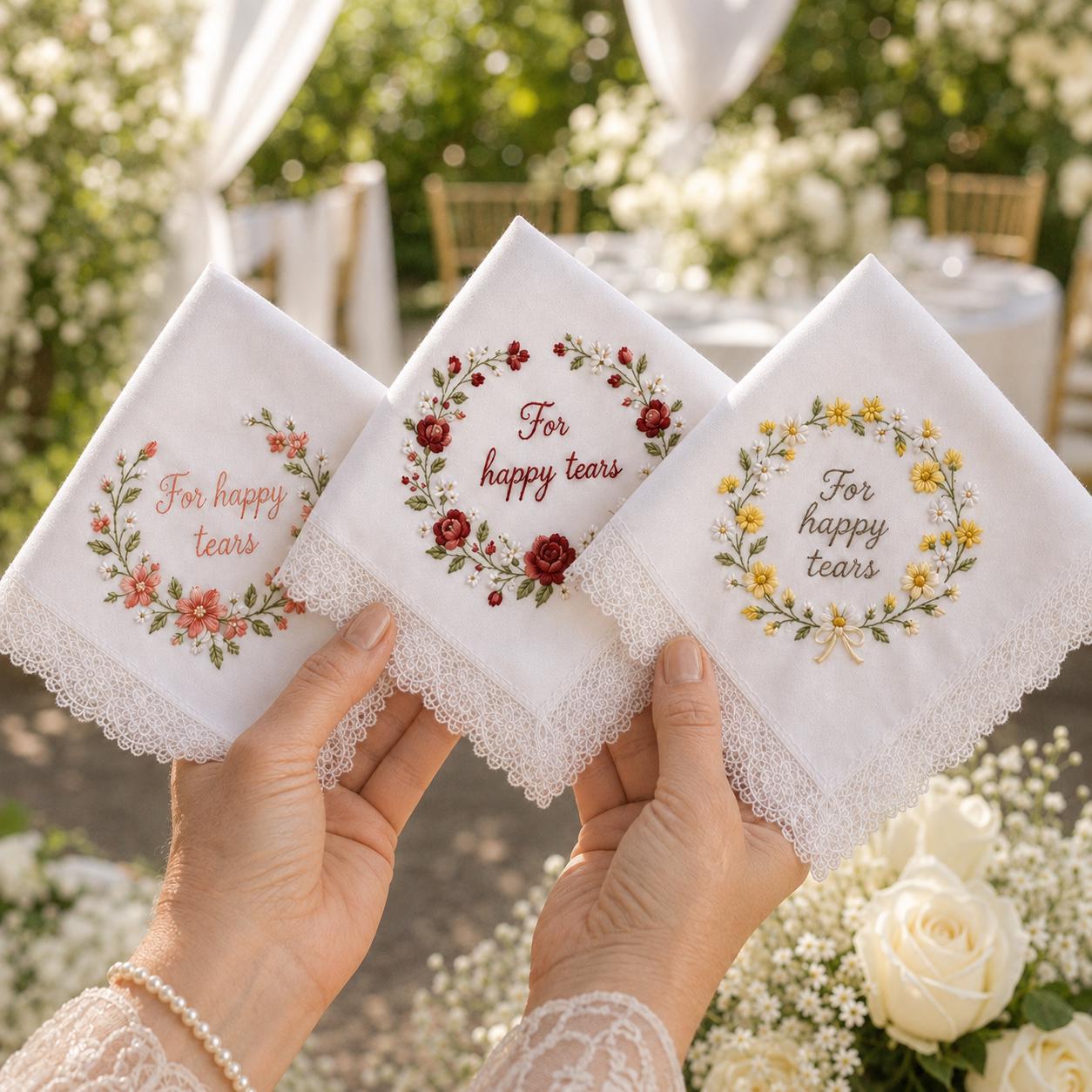 Embroidered Wedding Handkerchief – Personalized Happy Tears Bridal Hankie with Custom Flower Gift for Bride - photo 2