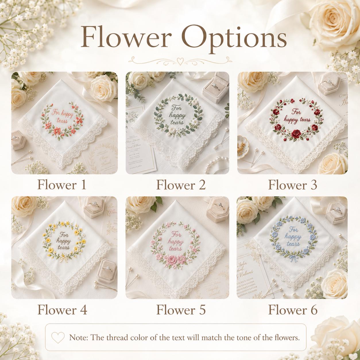 Embroidered Wedding Handkerchief – Personalized Happy Tears Bridal Hankie with Custom Flower Gift for Bride - photo 3