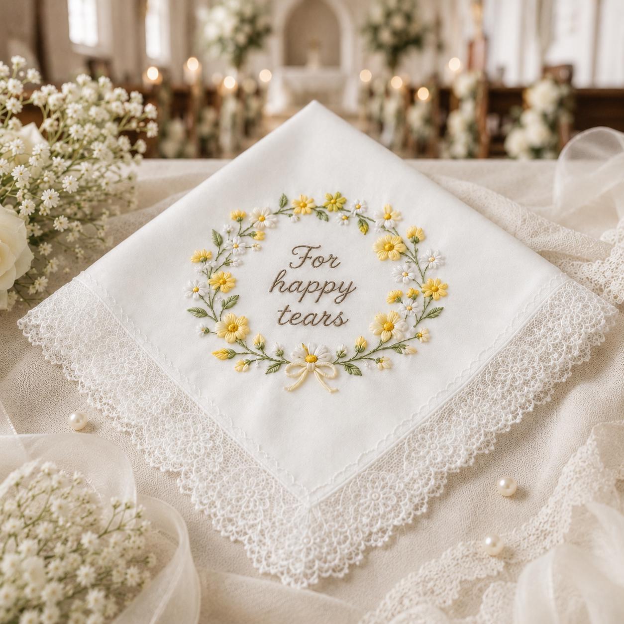 Embroidered Wedding Handkerchief – Personalized Happy Tears Bridal Hankie with Custom Flower Gift for Bride - photo 5