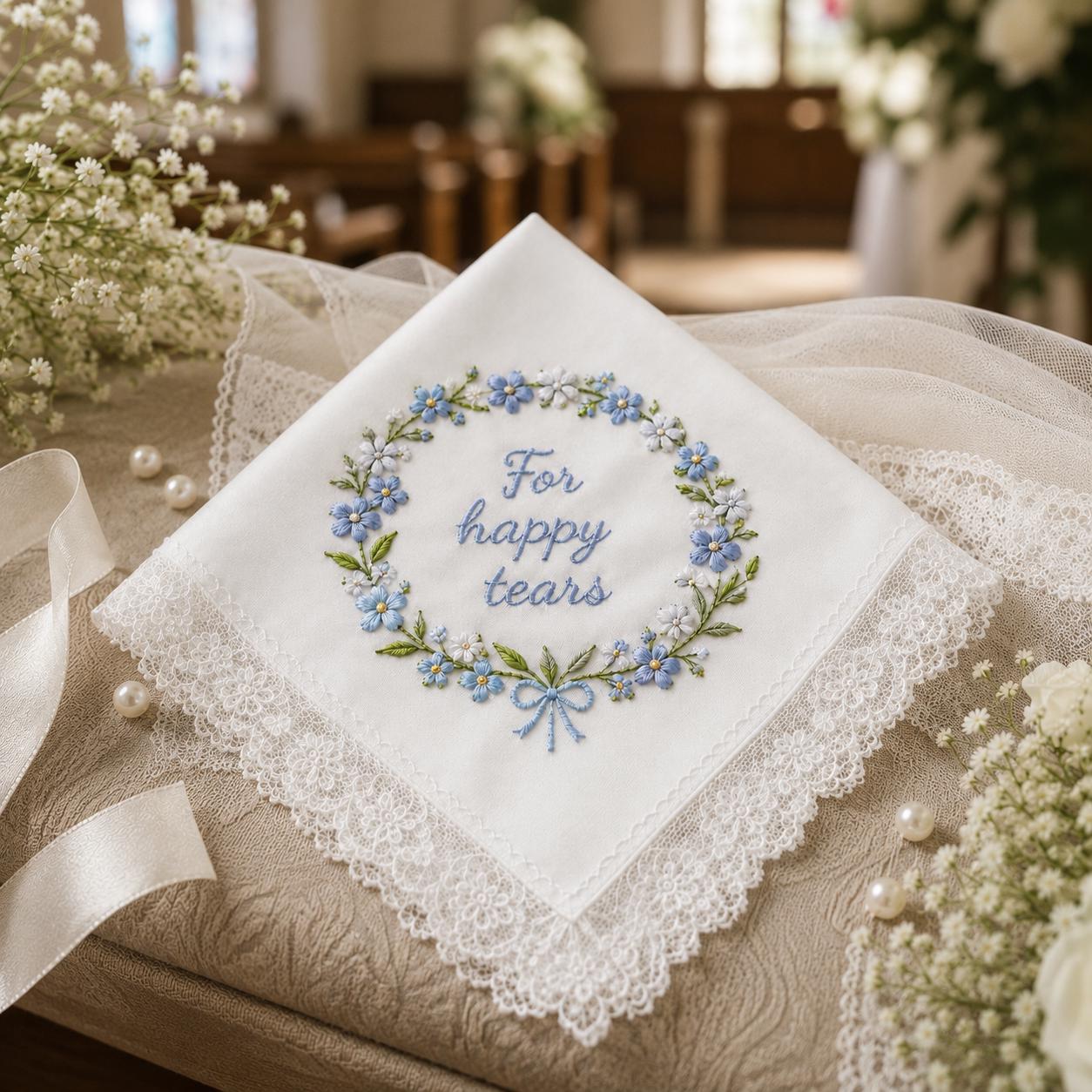 Embroidered Wedding Handkerchief – Personalized Happy Tears Bridal Hankie with Custom Flower Gift for Bride - photo 6
