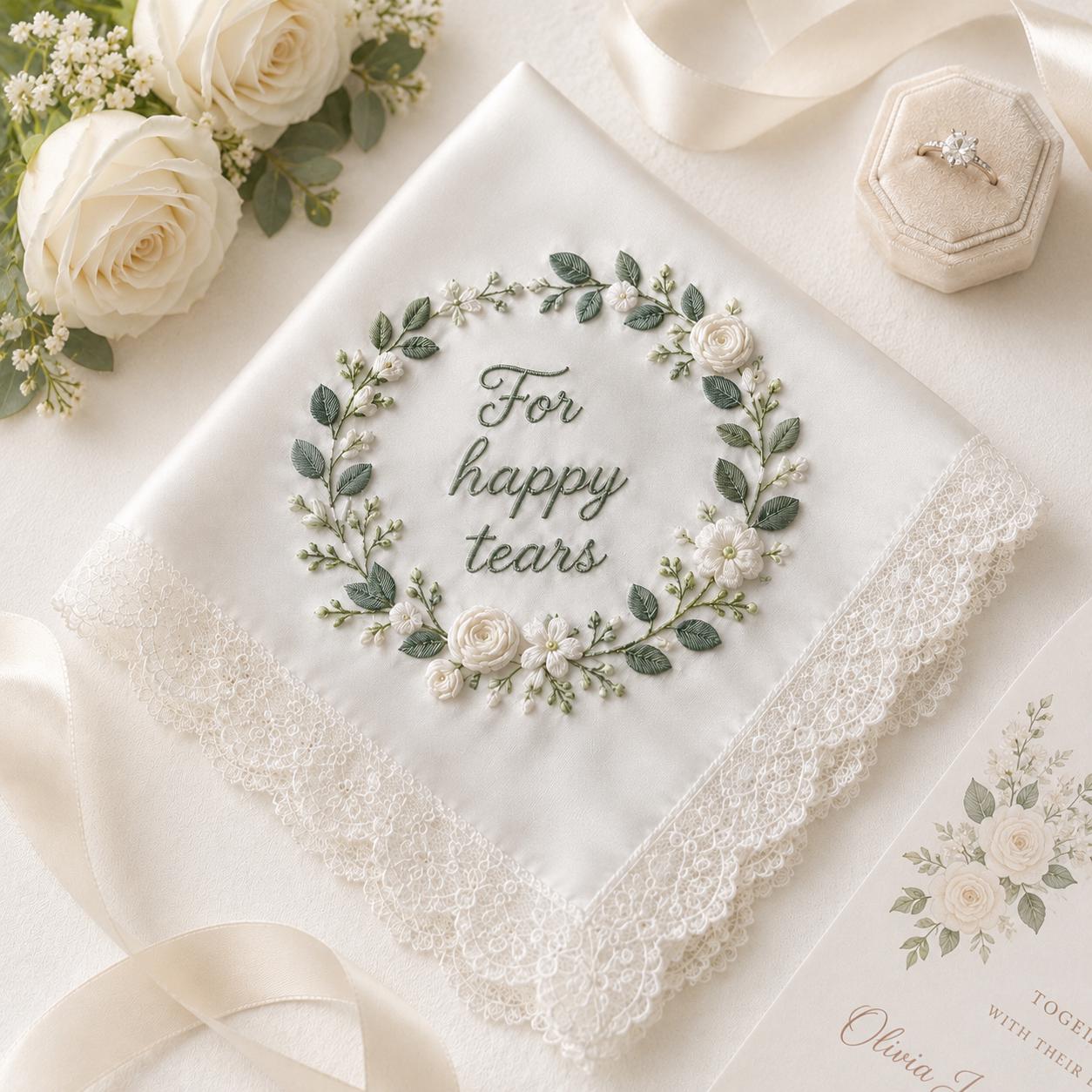 Embroidered Wedding Handkerchief – Personalized Happy Tears Bridal Hankie with Custom Flower Gift for Bride - photo 7