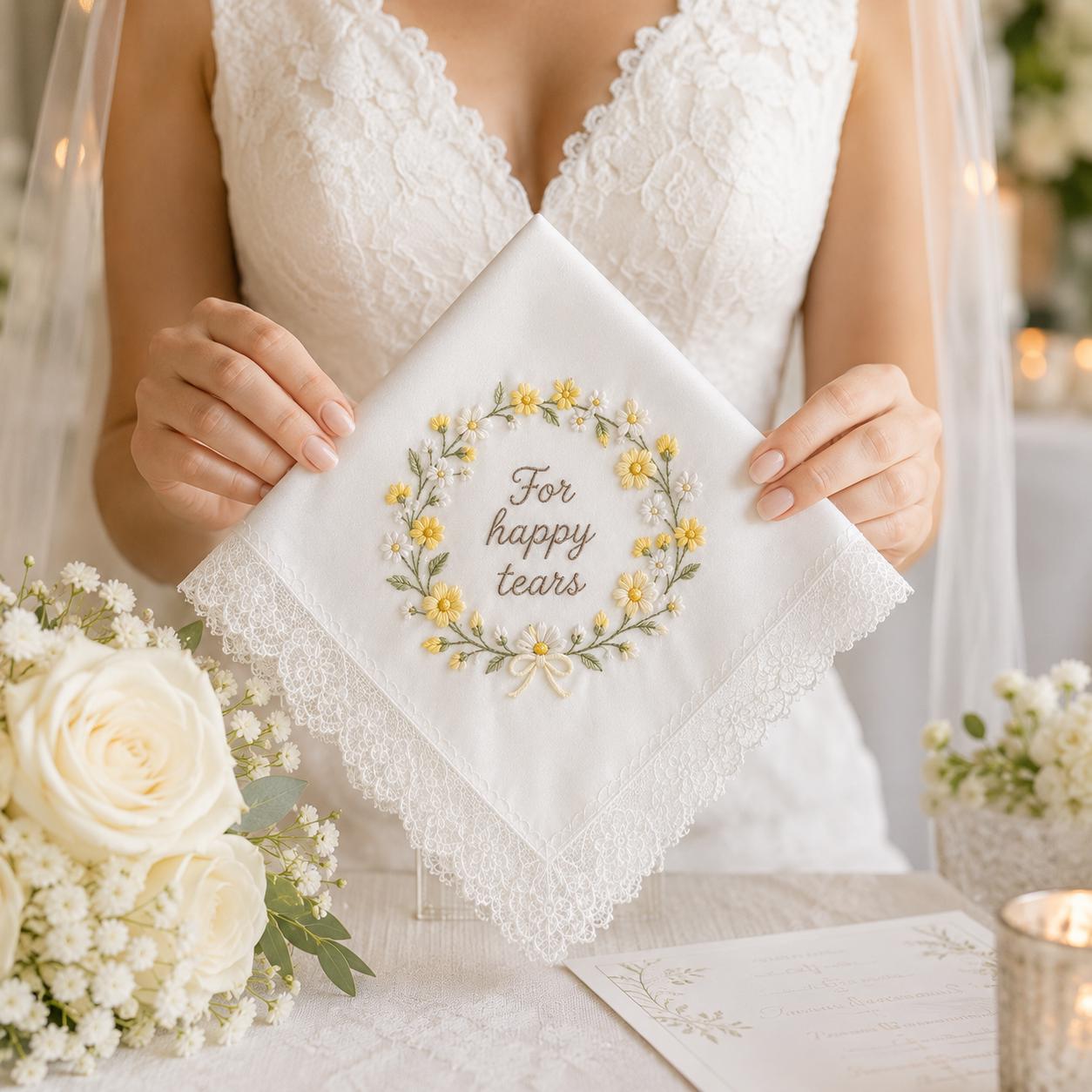 Embroidered Wedding Handkerchief – Personalized Happy Tears Bridal Hankie with Custom Flower Gift for Bride - photo 8