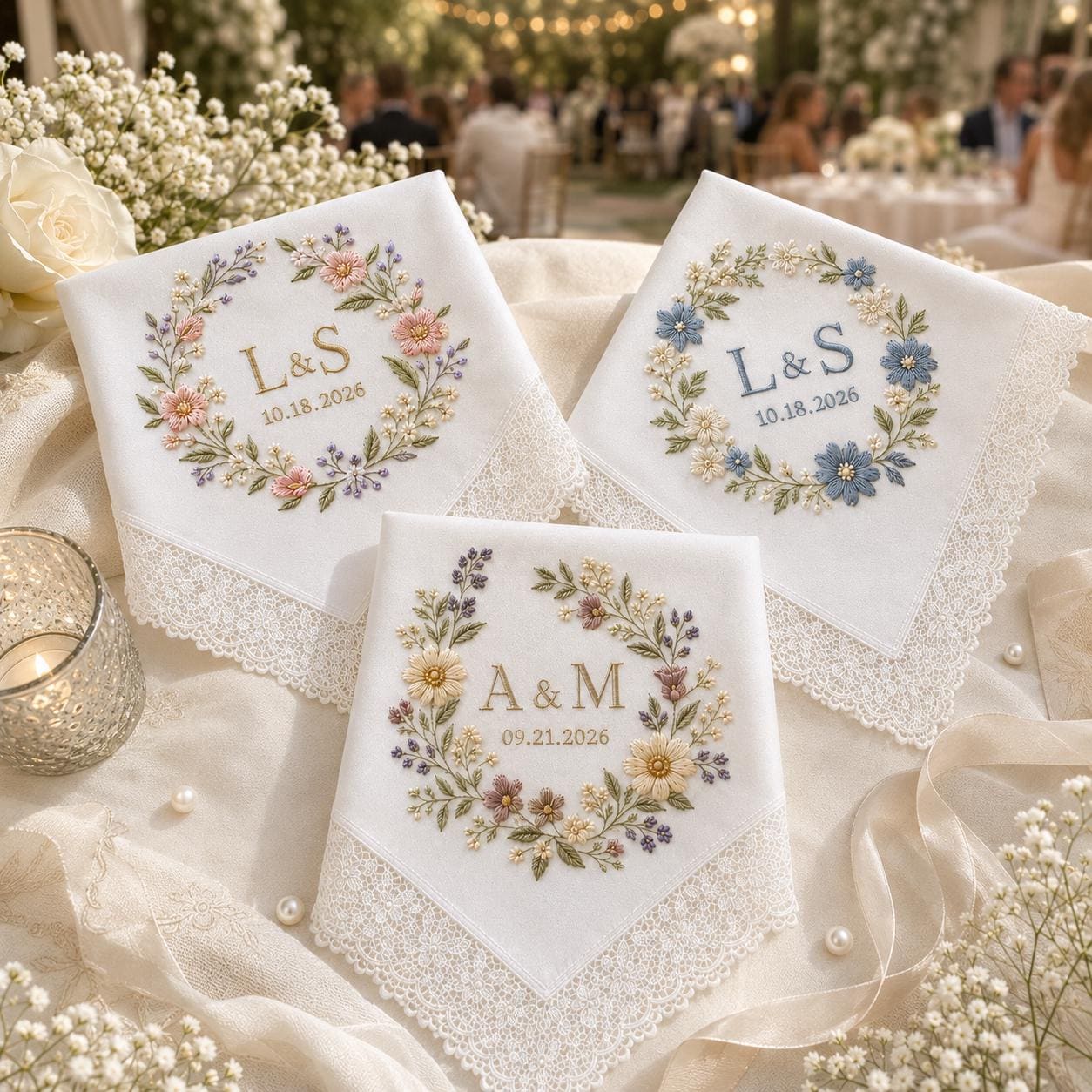 Embroidered Personalized Wedding Handkerchief, Custom Monogram Lace Hanky, Floral Wreath Keepsake Gift