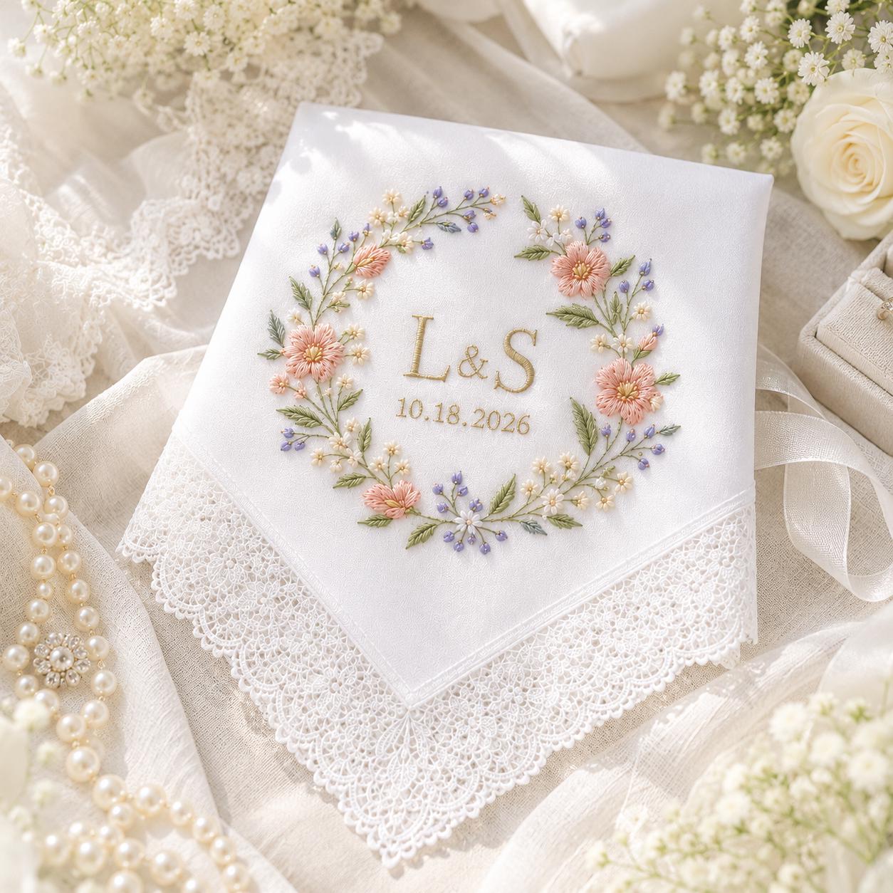 Embroidered Personalized Wedding Handkerchief, Custom Monogram Lace Hanky, Floral Wreath Keepsake Gift - photo 2