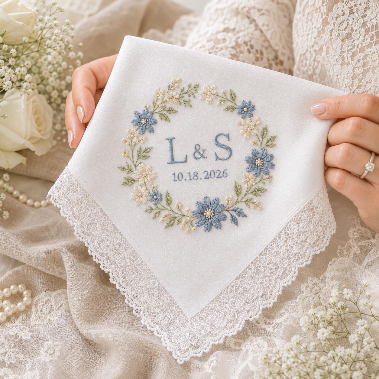 Embroidered Personalized Wedding Handkerchief, Custom Monogram Lace Hanky, Floral Wreath Keepsake Gift - photo 3