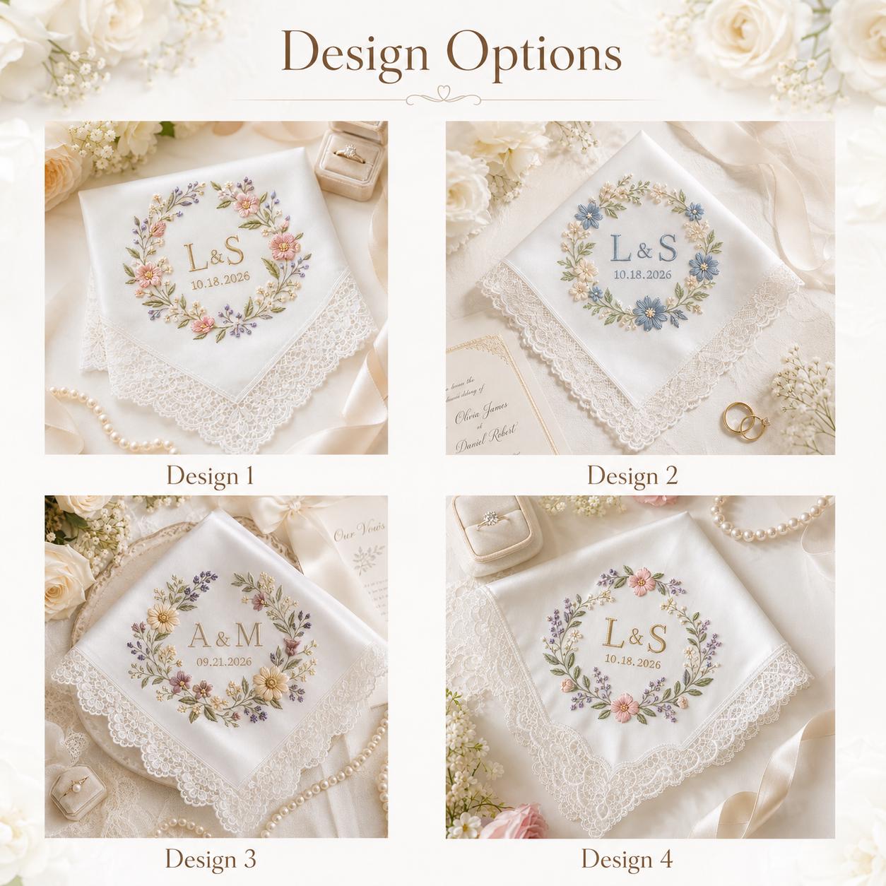 Embroidered Personalized Wedding Handkerchief, Custom Monogram Lace Hanky, Floral Wreath Keepsake Gift - photo 4
