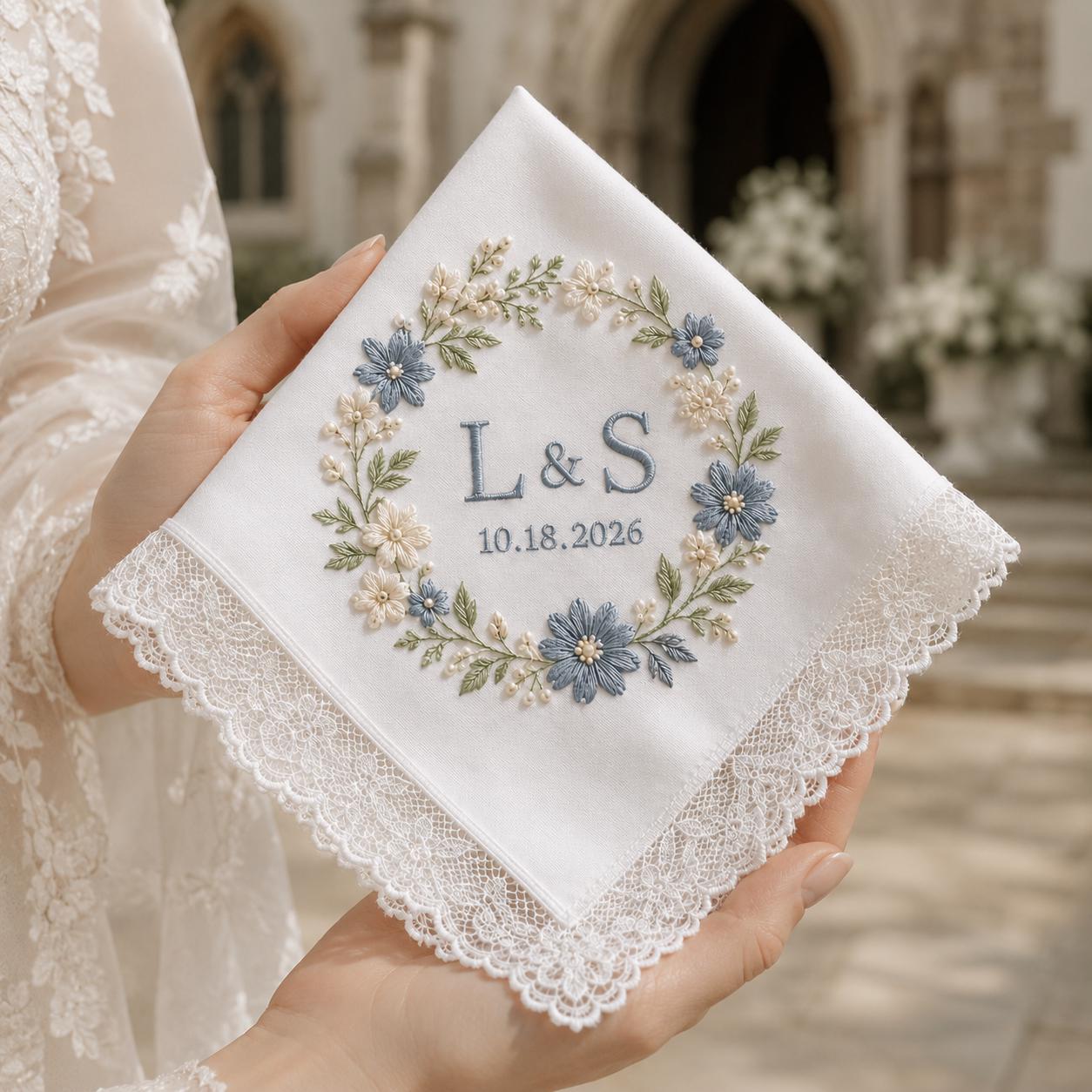 Embroidered Personalized Wedding Handkerchief, Custom Monogram Lace Hanky, Floral Wreath Keepsake Gift - photo 7