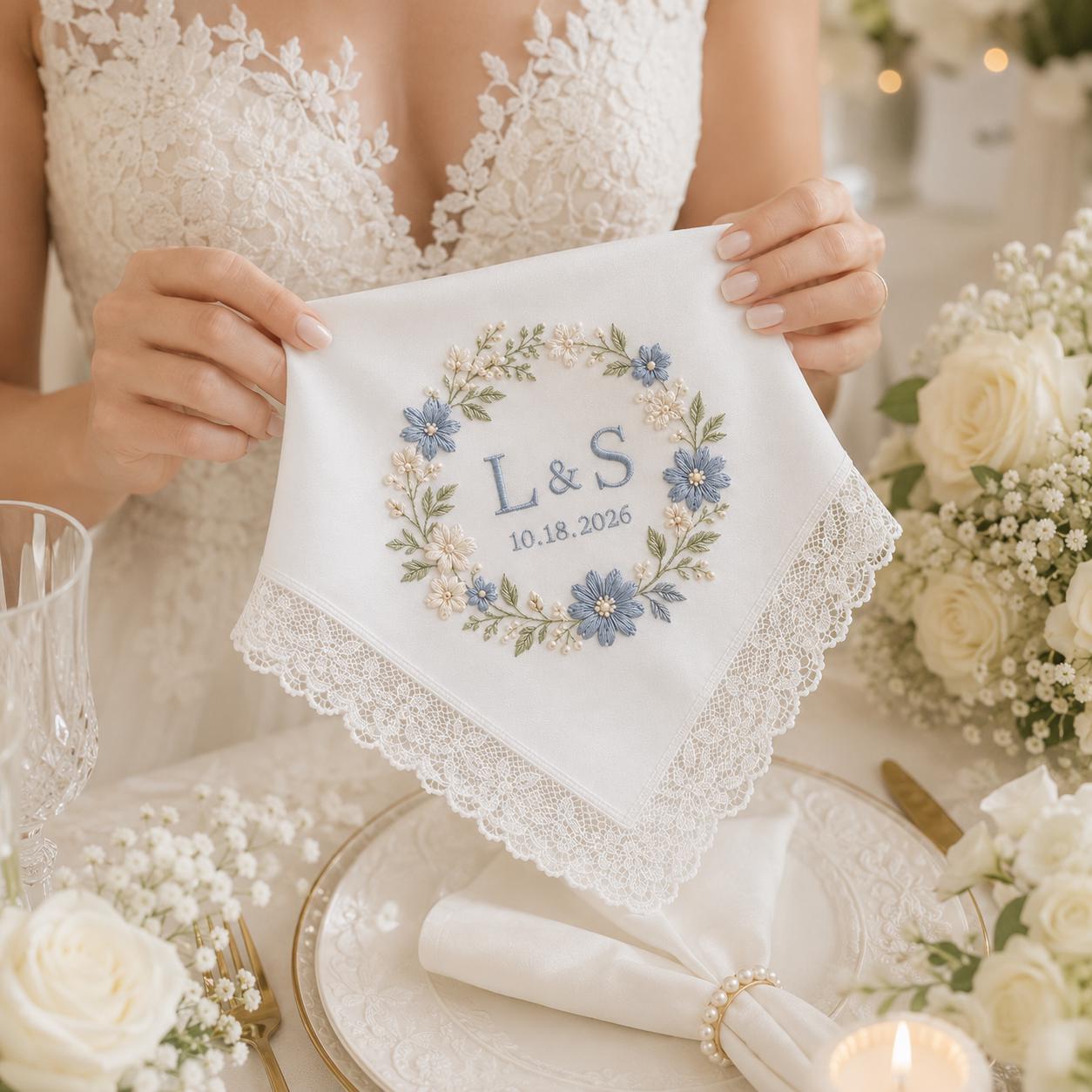 Embroidered Personalized Wedding Handkerchief, Custom Monogram Lace Hanky, Floral Wreath Keepsake Gift - photo 8