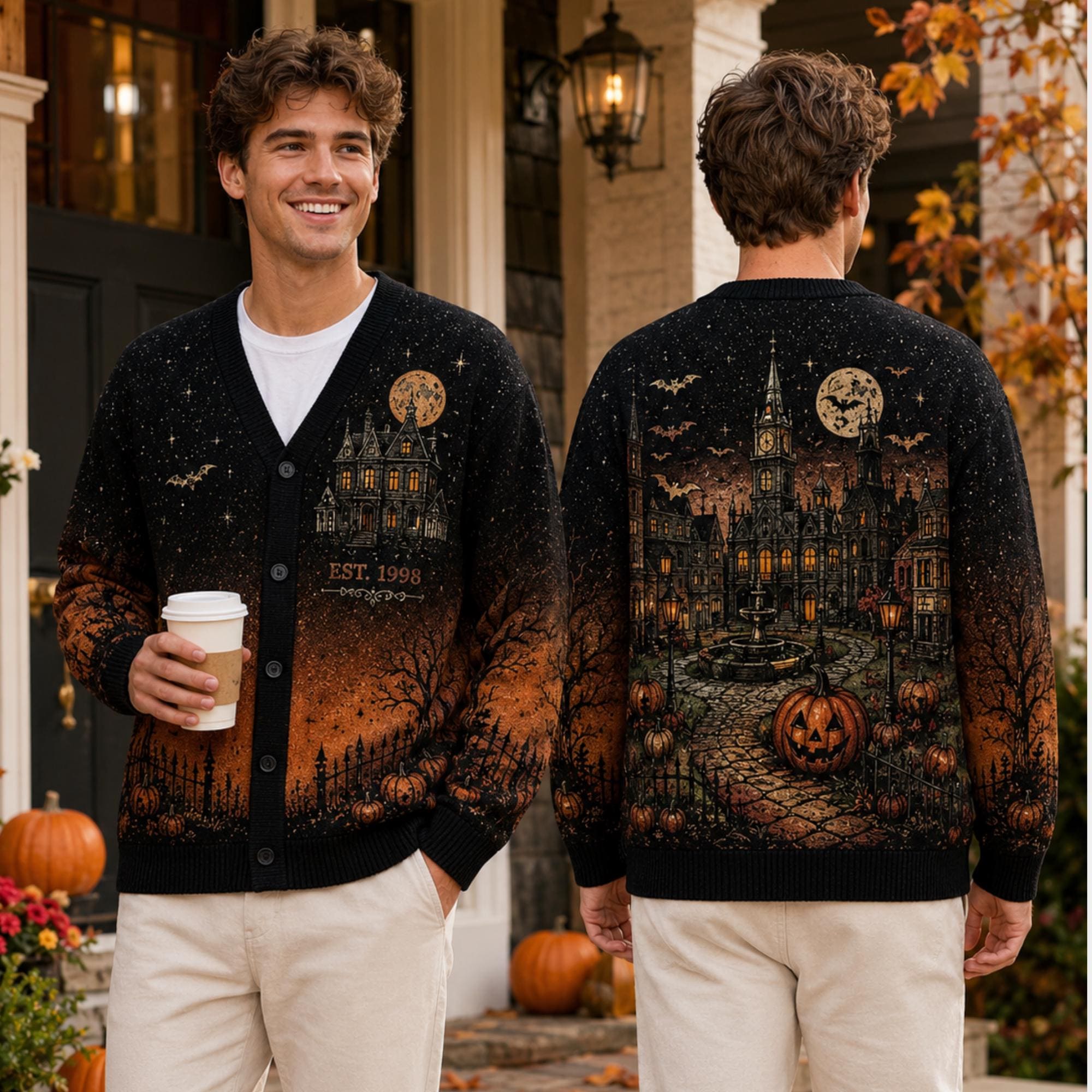 Cardigan with Vintage Halloween Haunted Town and Gothic Pumpkin Knit Sweater for Spooky Fall Outfit and Halloween Gift for Him