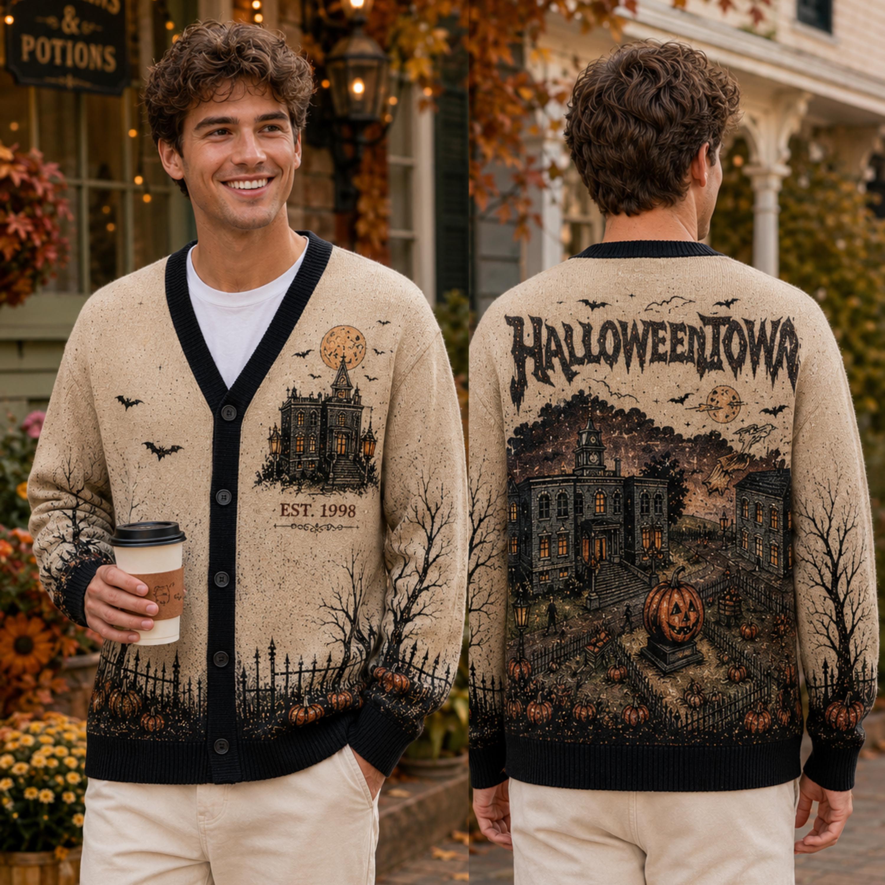 Cardigan with Vintage Halloween Haunted Town and Gothic Pumpkin Knit Sweater for Spooky Fall Outfit and Halloween Gift for Him - photo 2