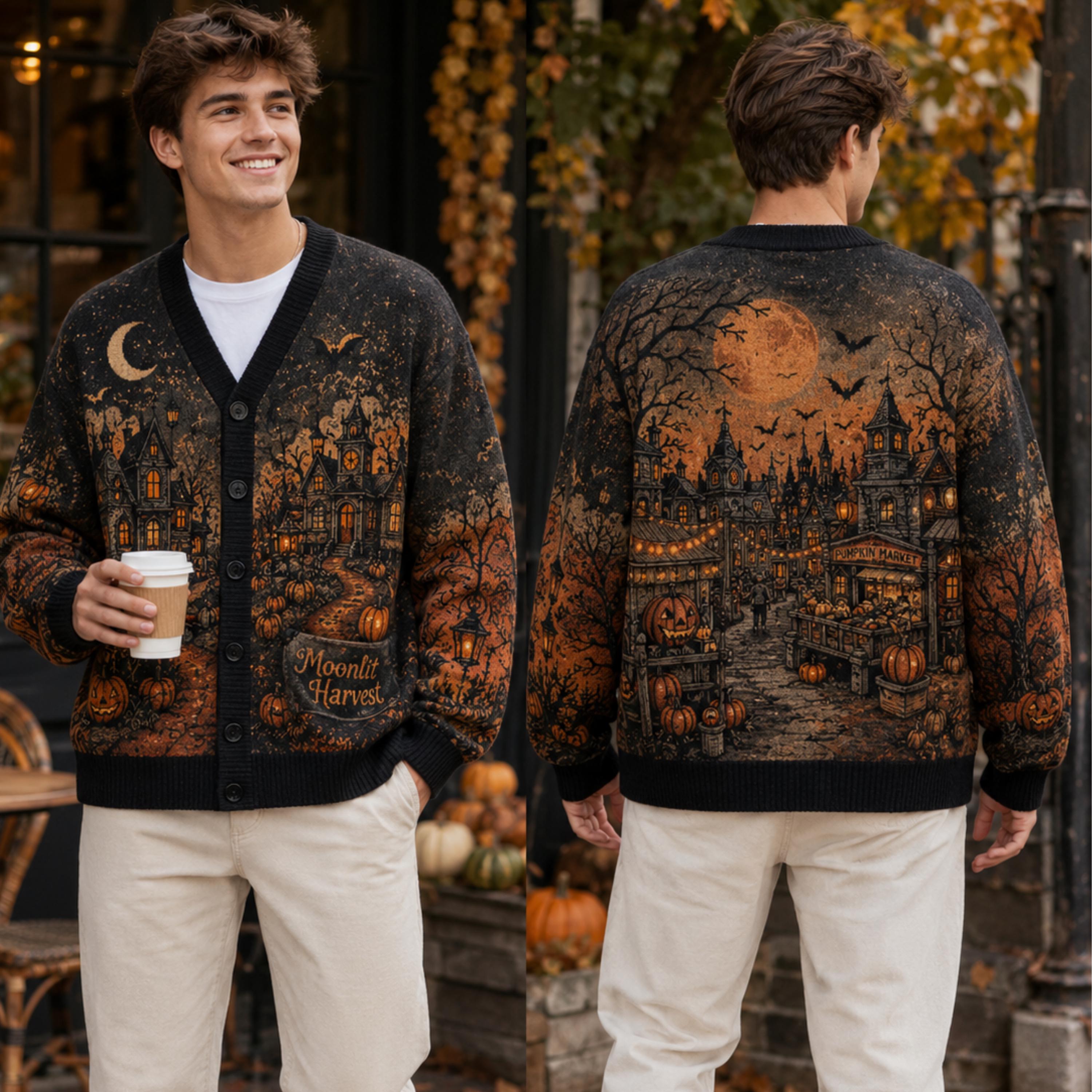 Cardigan with Vintage Halloween Haunted Town and Gothic Pumpkin Knit Sweater for Spooky Fall Outfit and Halloween Gift for Him - photo 3