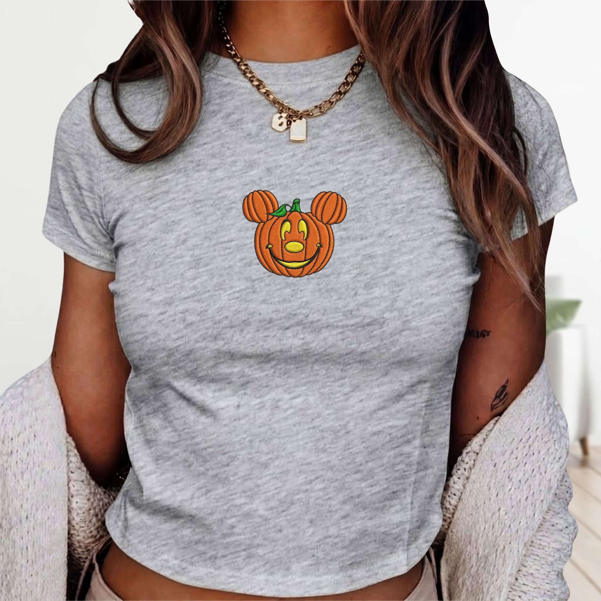 Embroidered Pumpkin Mickey and Minnie Baby Tee Shirt for Fall Disney Trip Outfit and Halloween Gift for Her