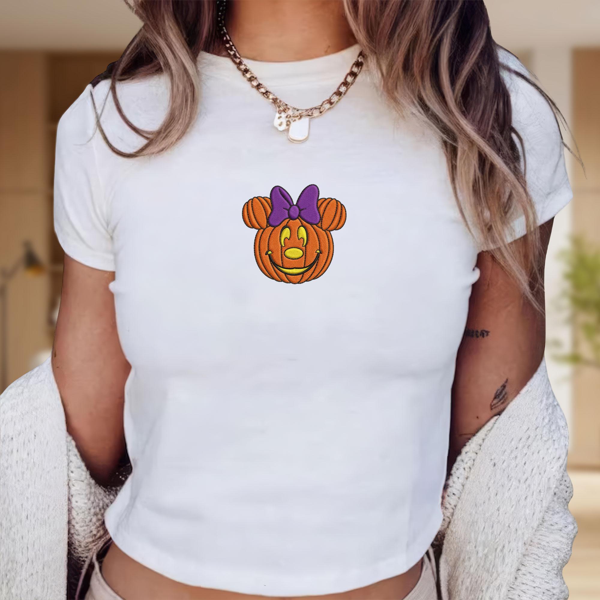 Embroidered Pumpkin Mickey and Minnie Baby Tee Shirt for Fall Disney Trip Outfit and Halloween Gift for Her - photo 3