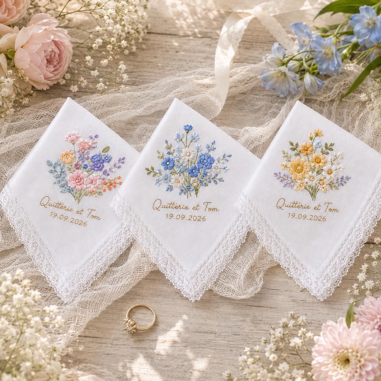 Personalized Embroidered Wedding Handkerchief – Custom Floral Lace Handkerchief with Bridal Keepsake and Wedding Gifts