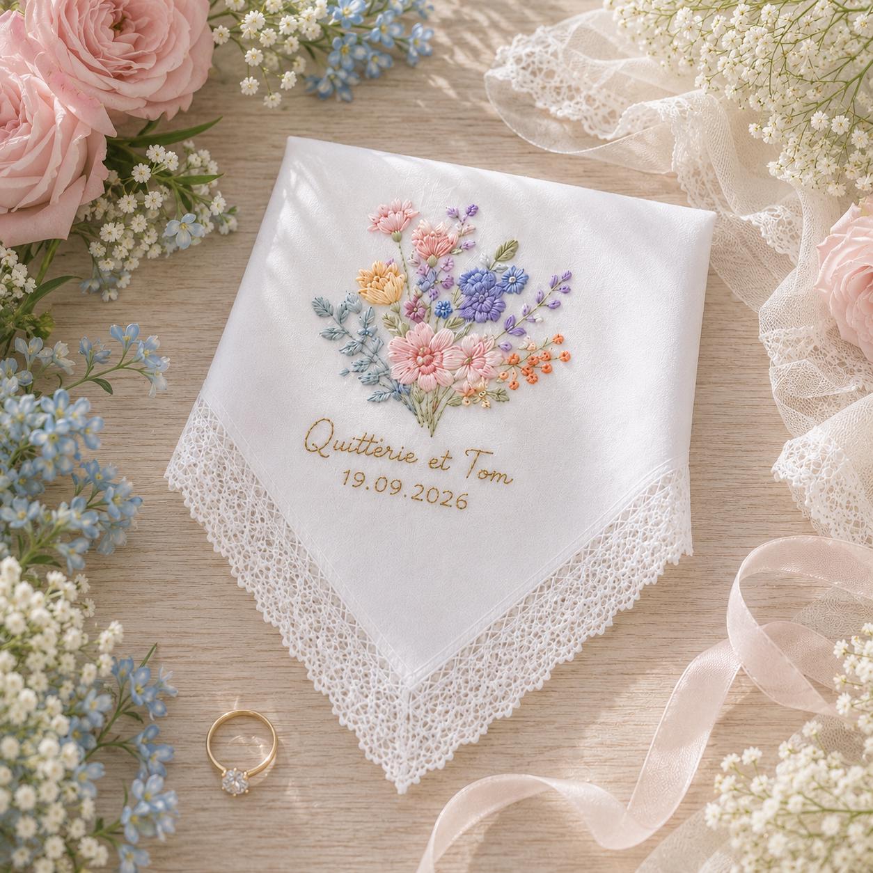 Personalized Embroidered Wedding Handkerchief – Custom Floral Lace Handkerchief with Bridal Keepsake and Wedding Gifts - photo 7