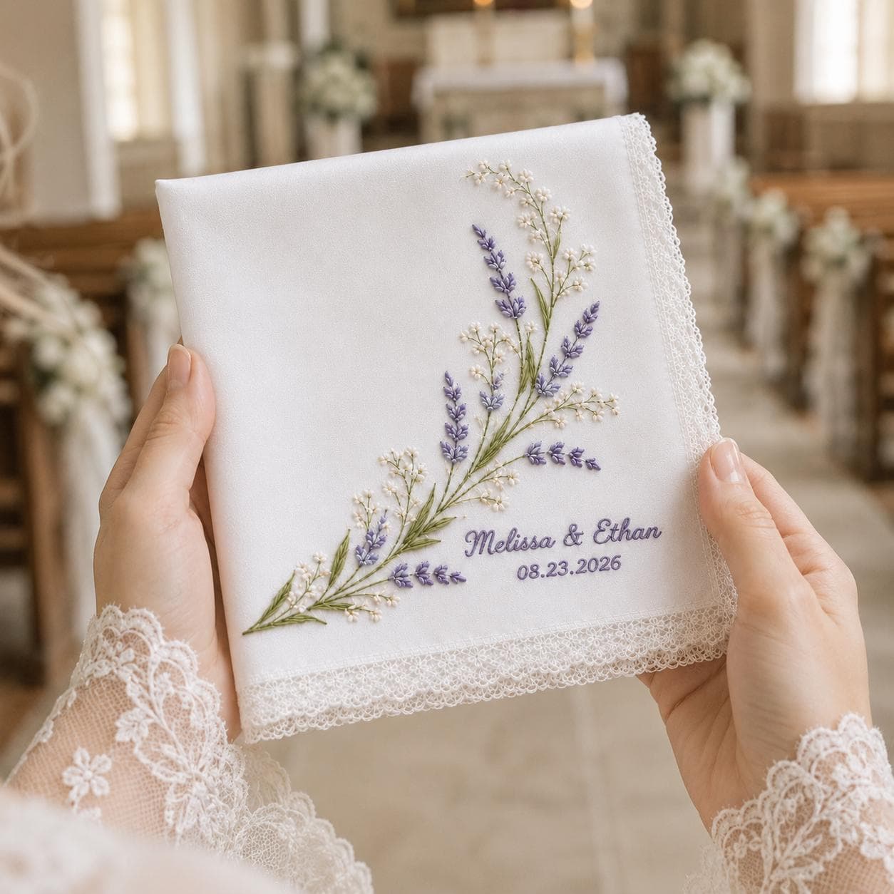 Personalized Embroidered Wedding Handkerchief, Lily of Valley Bridal Keepsake Gift for Bride and Groom