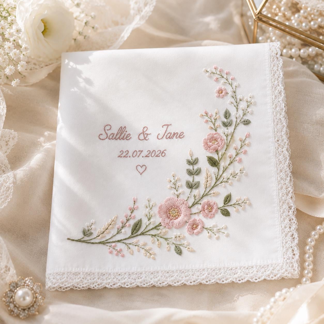 Personalized Embroidered Wedding Handkerchief, Lily of Valley Bridal Keepsake Gift for Bride and Groom - photo 2