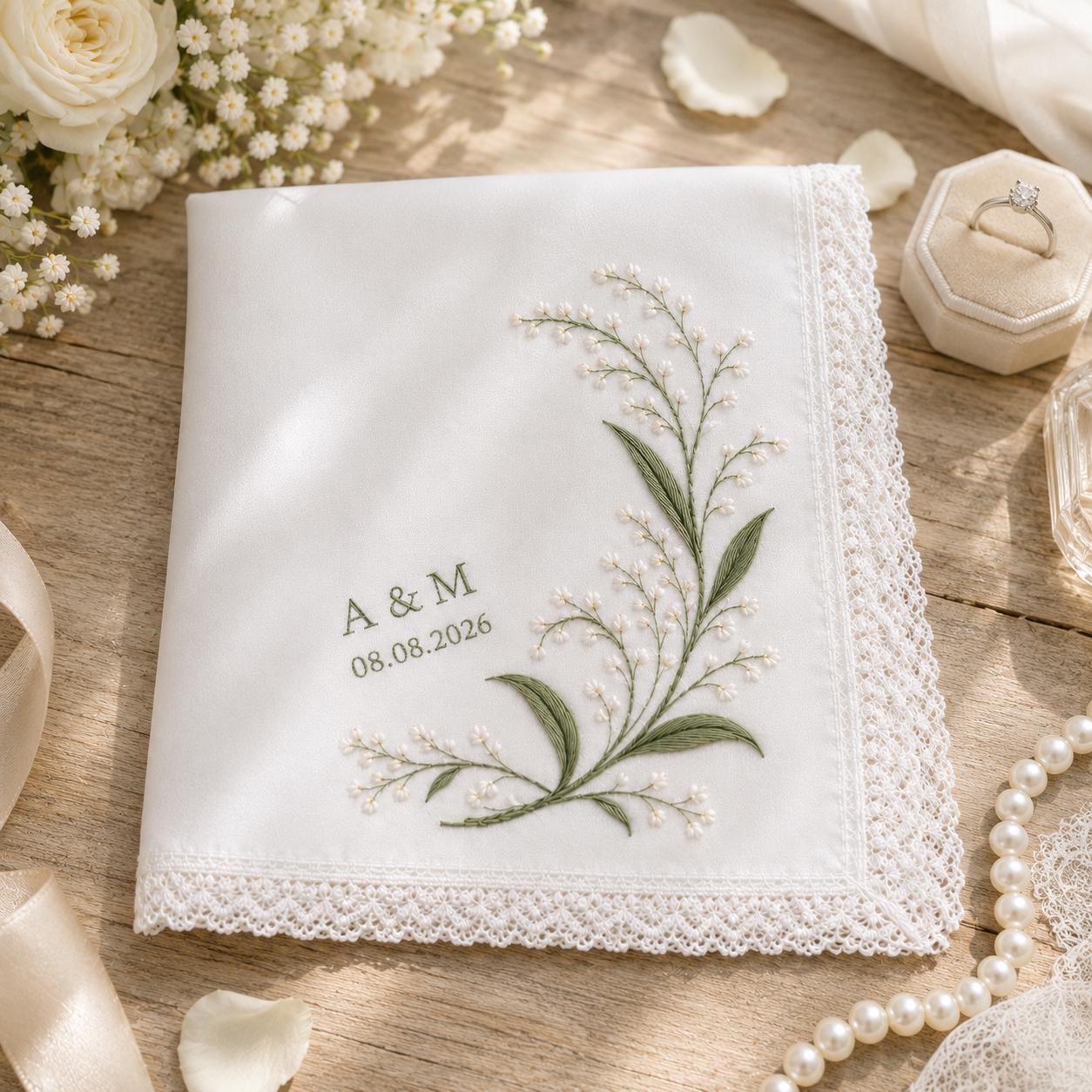 Personalized Embroidered Wedding Handkerchief, Lily of Valley Bridal Keepsake Gift for Bride and Groom - photo 3