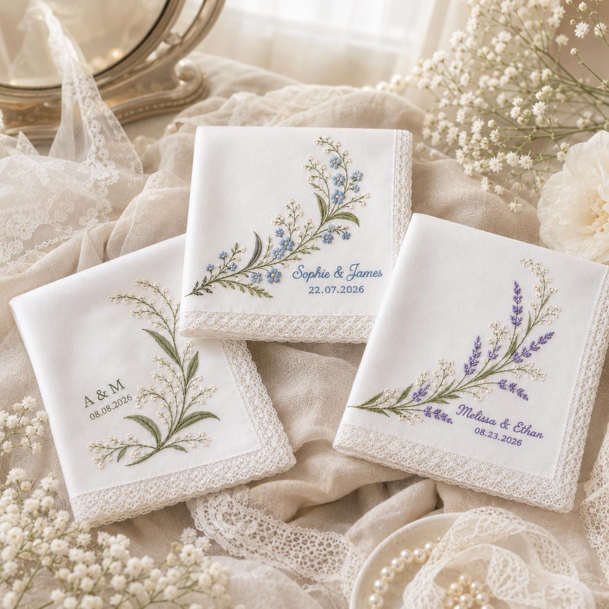 Personalized Embroidered Wedding Handkerchief, Lily of Valley Bridal Keepsake Gift for Bride and Groom - photo 4