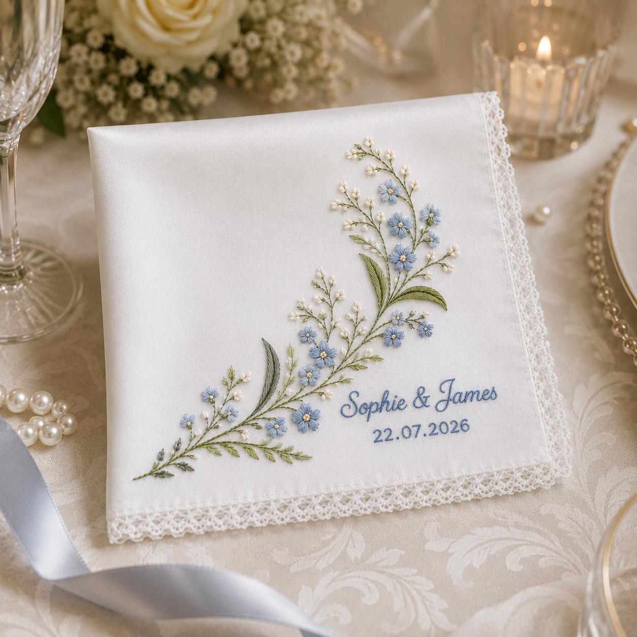 Personalized Embroidered Wedding Handkerchief, Lily of Valley Bridal Keepsake Gift for Bride and Groom - photo 8
