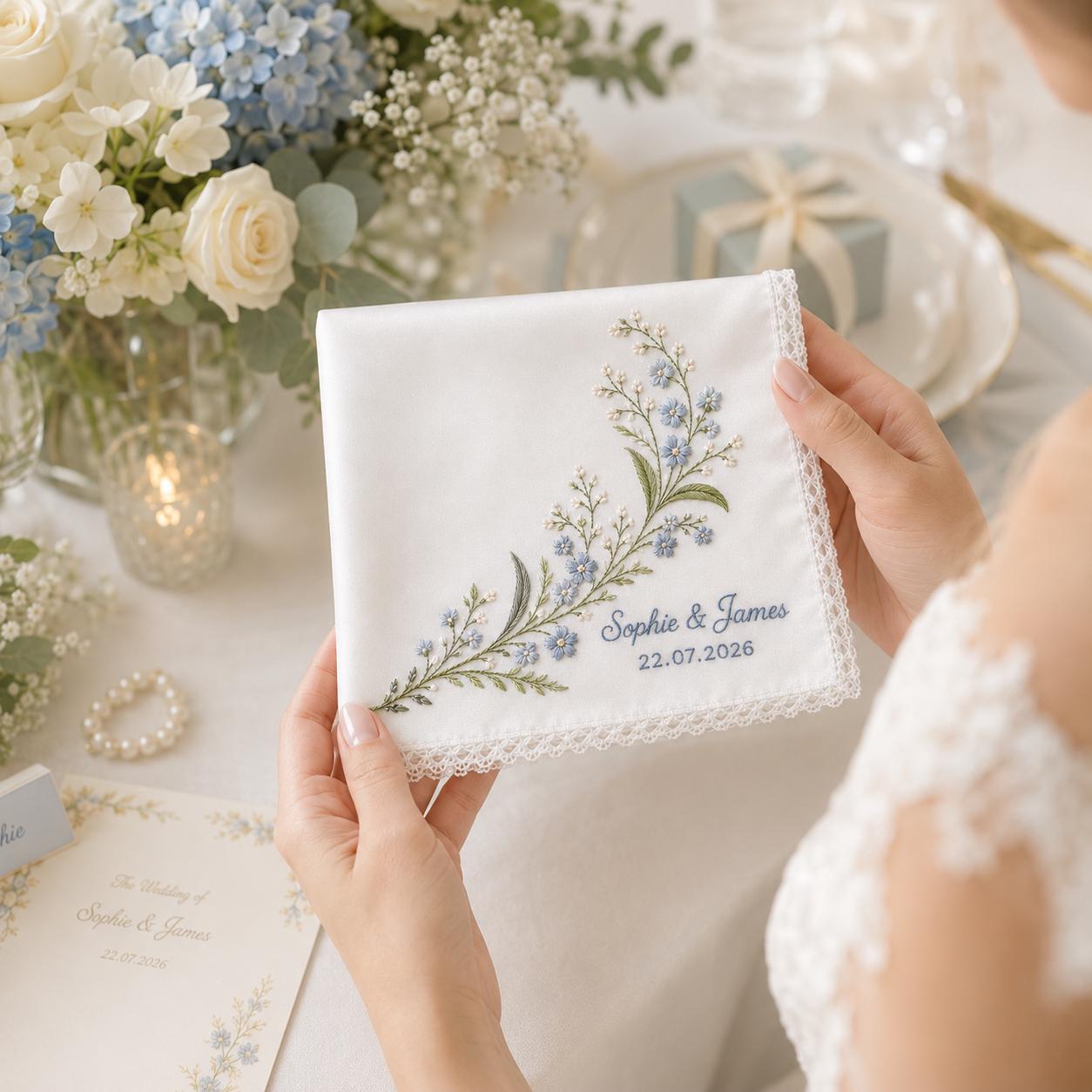Personalized Embroidered Wedding Handkerchief, Lily of Valley Bridal Keepsake Gift for Bride and Groom - photo 9