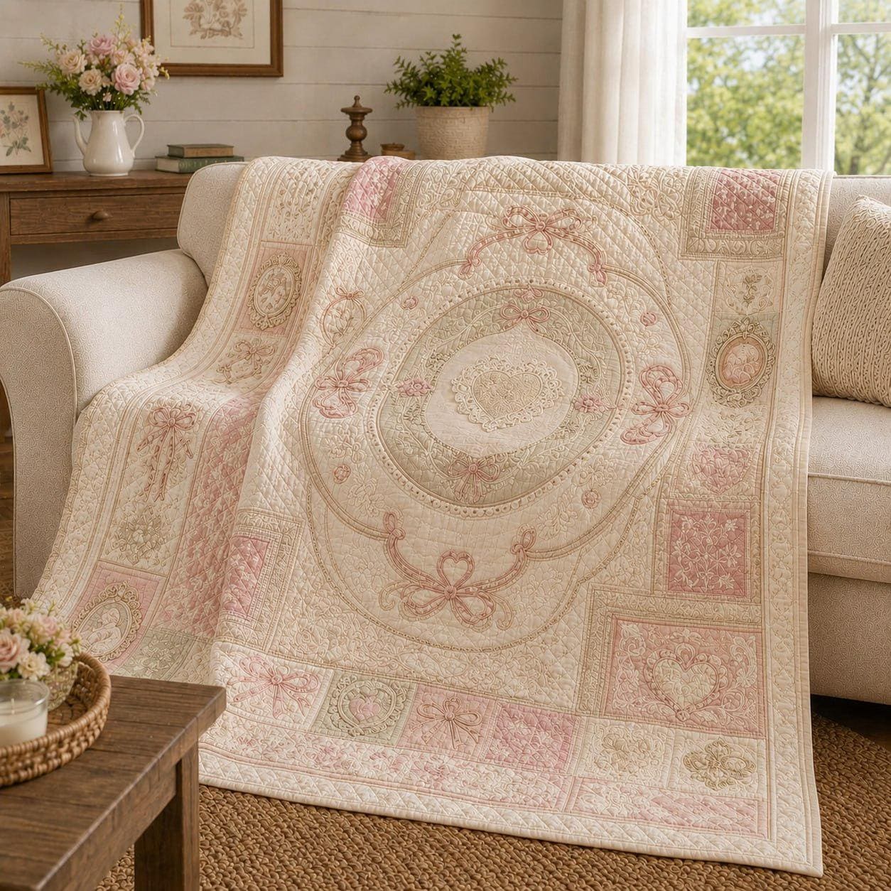 Romantic Patchwork Quilt Blanket – Vintage Pink Bow and Heart Cottagecore Throw with Victorian Farmhouse Bedding and Bridal Shower Gift