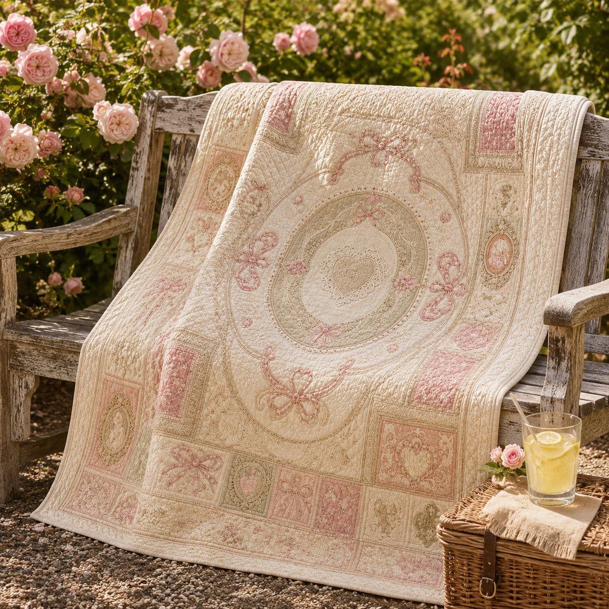Romantic Patchwork Quilt Blanket – Vintage Pink Bow and Heart Cottagecore Throw with Victorian Farmhouse Bedding and Bridal Shower Gift - photo 3