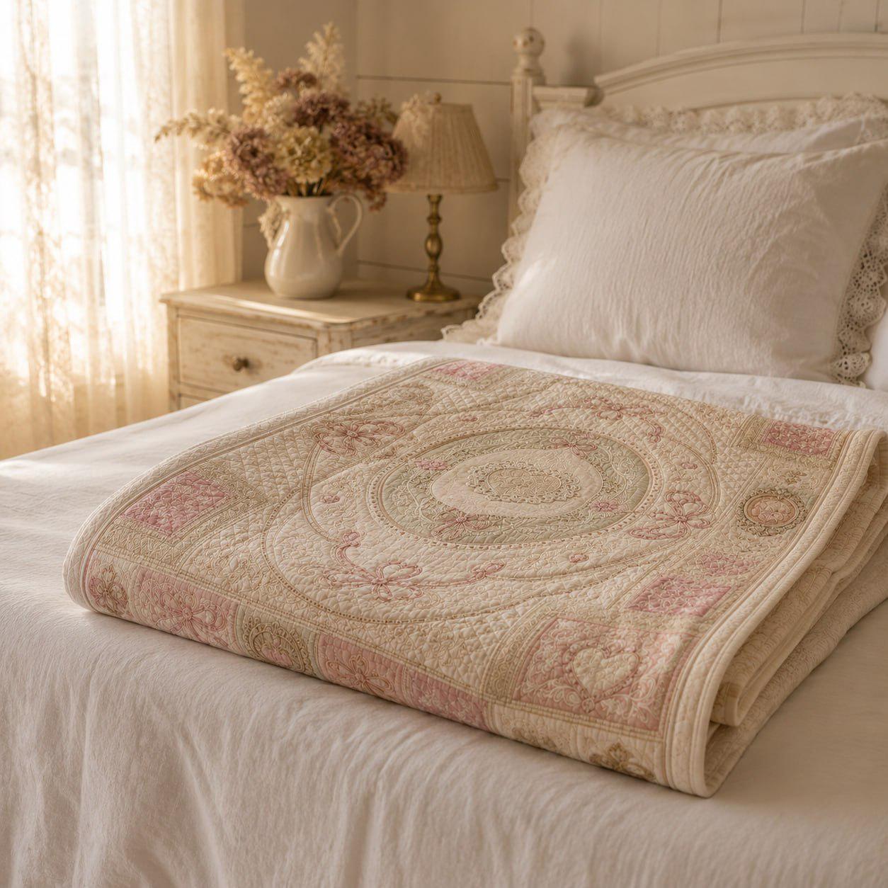 Romantic Patchwork Quilt Blanket – Vintage Pink Bow and Heart Cottagecore Throw with Victorian Farmhouse Bedding and Bridal Shower Gift - photo 4