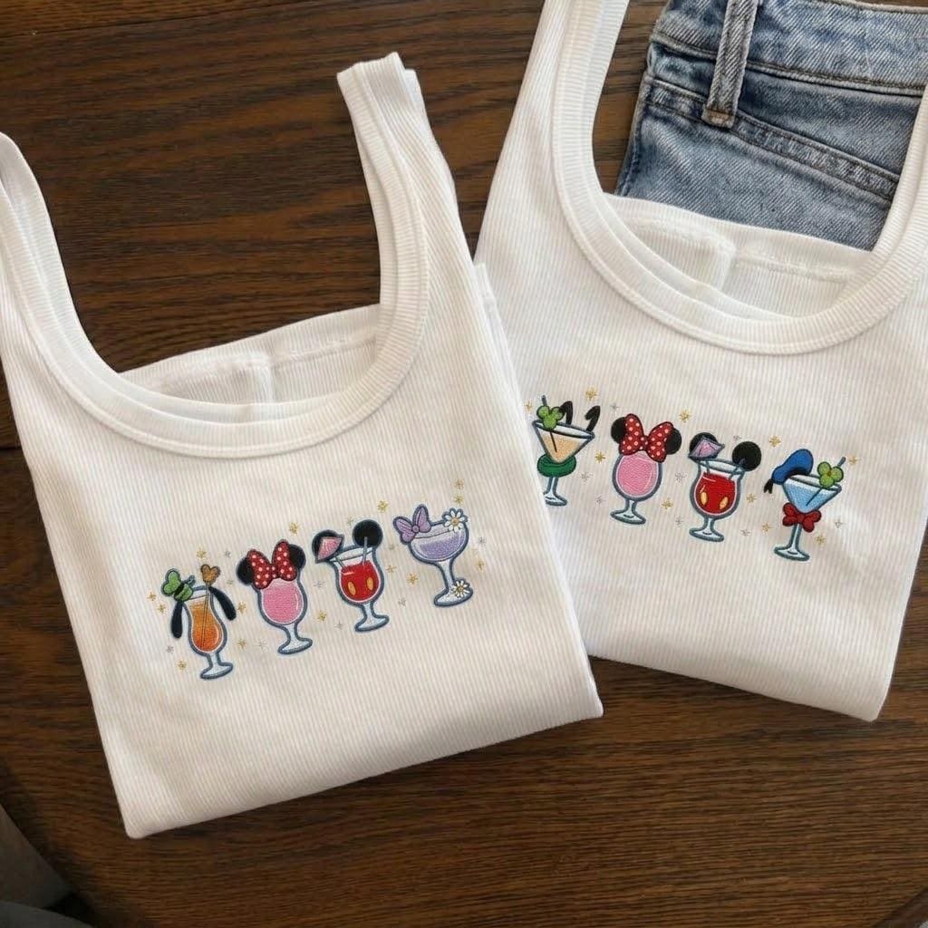 Embroidered Disney Cocktail Tank Top With Mickey and Friends Drink Around the World for Epcot Matching Vacation Outfit
