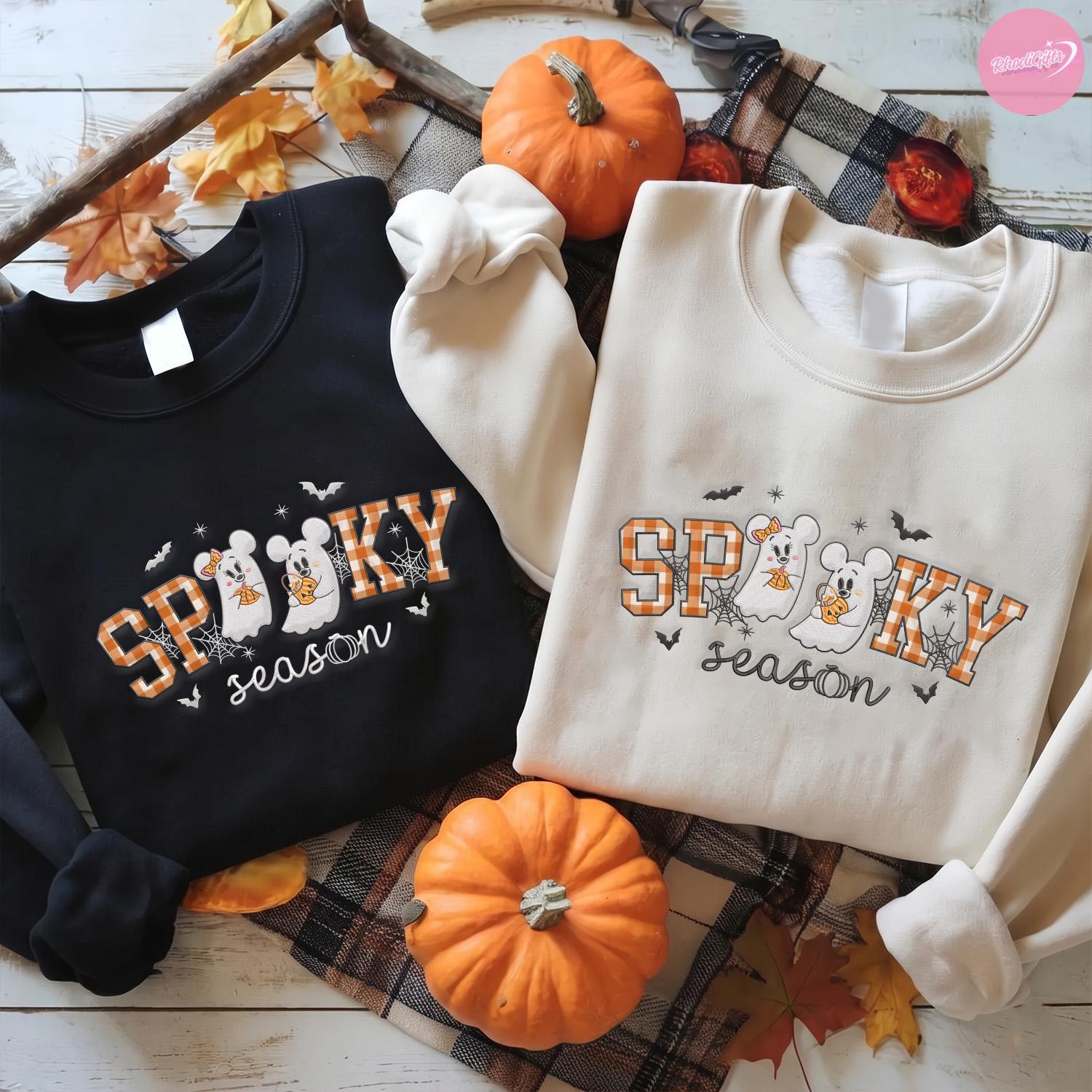 Embroidered Mickey and Minnie Ghost T-Shirt Sweatshirt Hoodie for Spooky Season Disney Halloween – WDW Disneyland Family Outfit