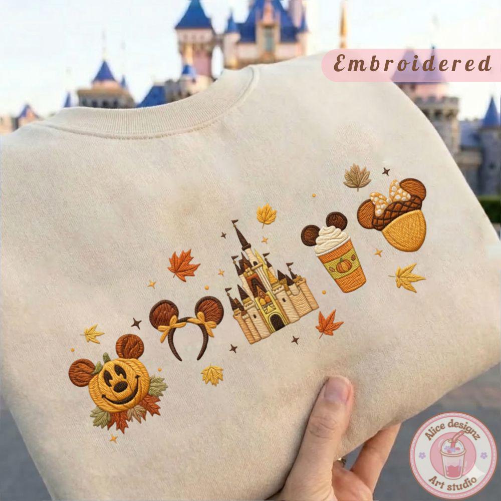 Embroidered Disney Fall Vibes Halloween T-Shirt Sweatshirt Hoodie with Tis the Season Autumn Castle and Pumpkin – WDW Disneyland Shirt